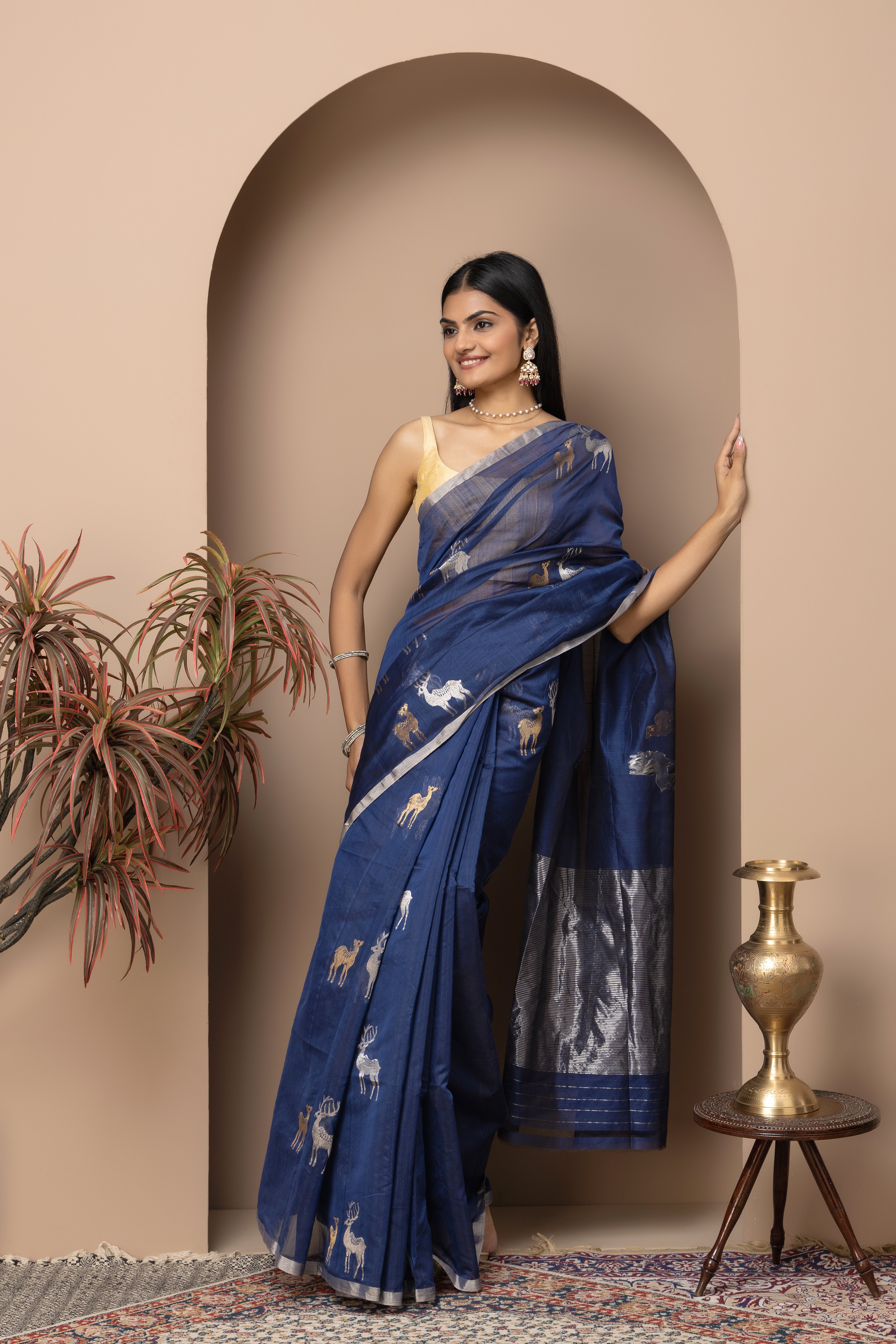 Chanderi handwoven pure pattu silk ink blue saree