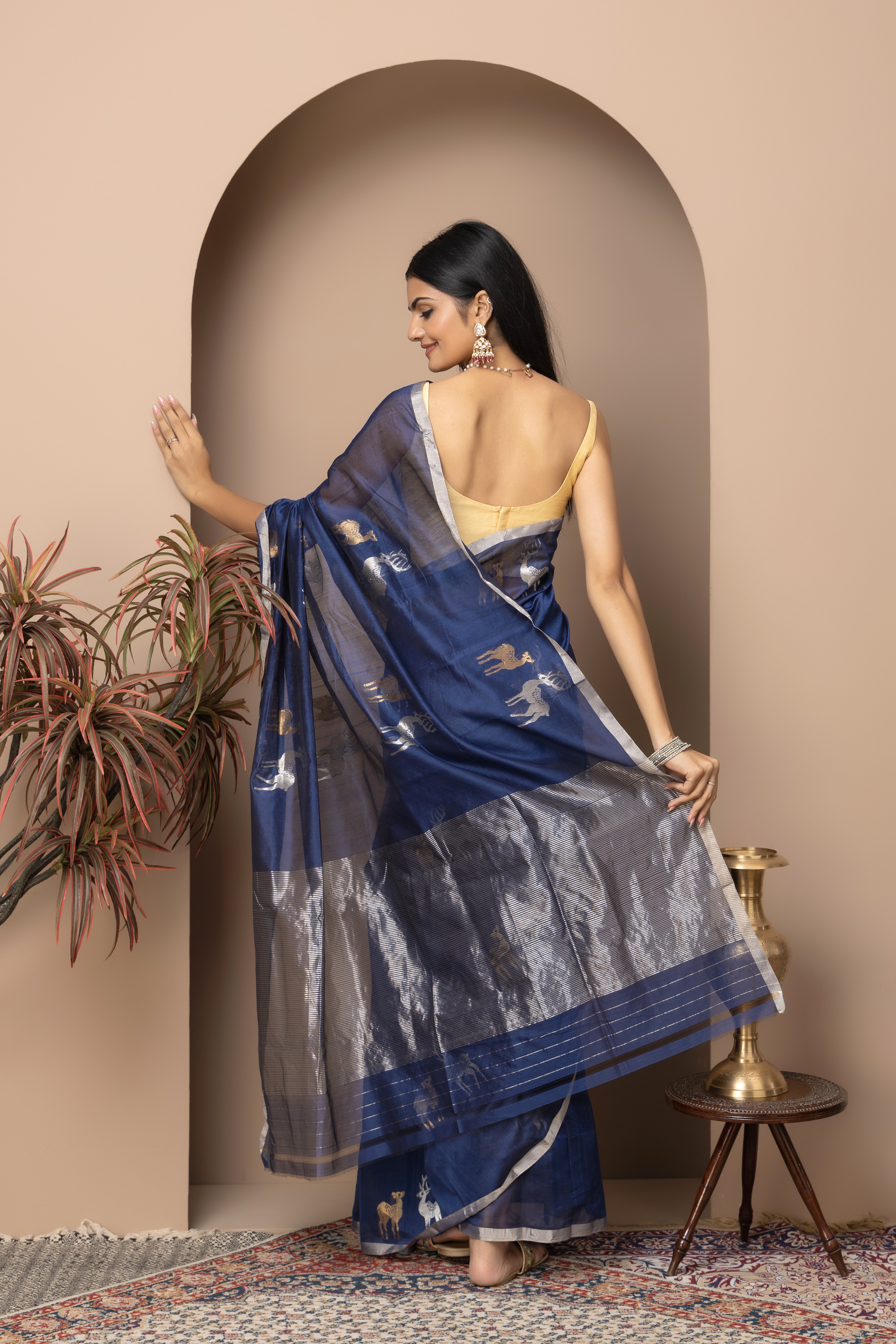 Chanderi handwoven pure pattu silk ink blue saree
