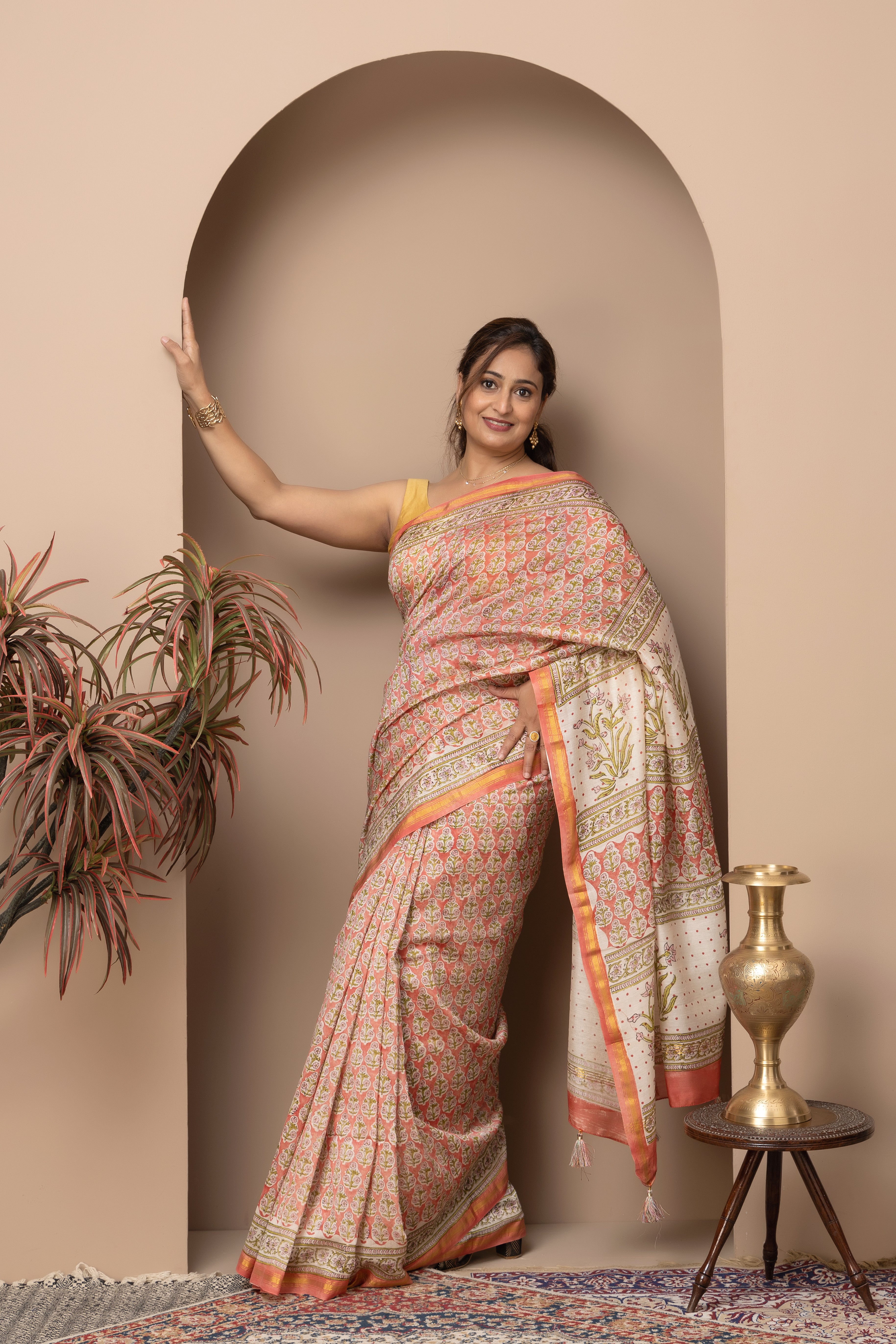 Chanderi cotton silk hand block coral saree