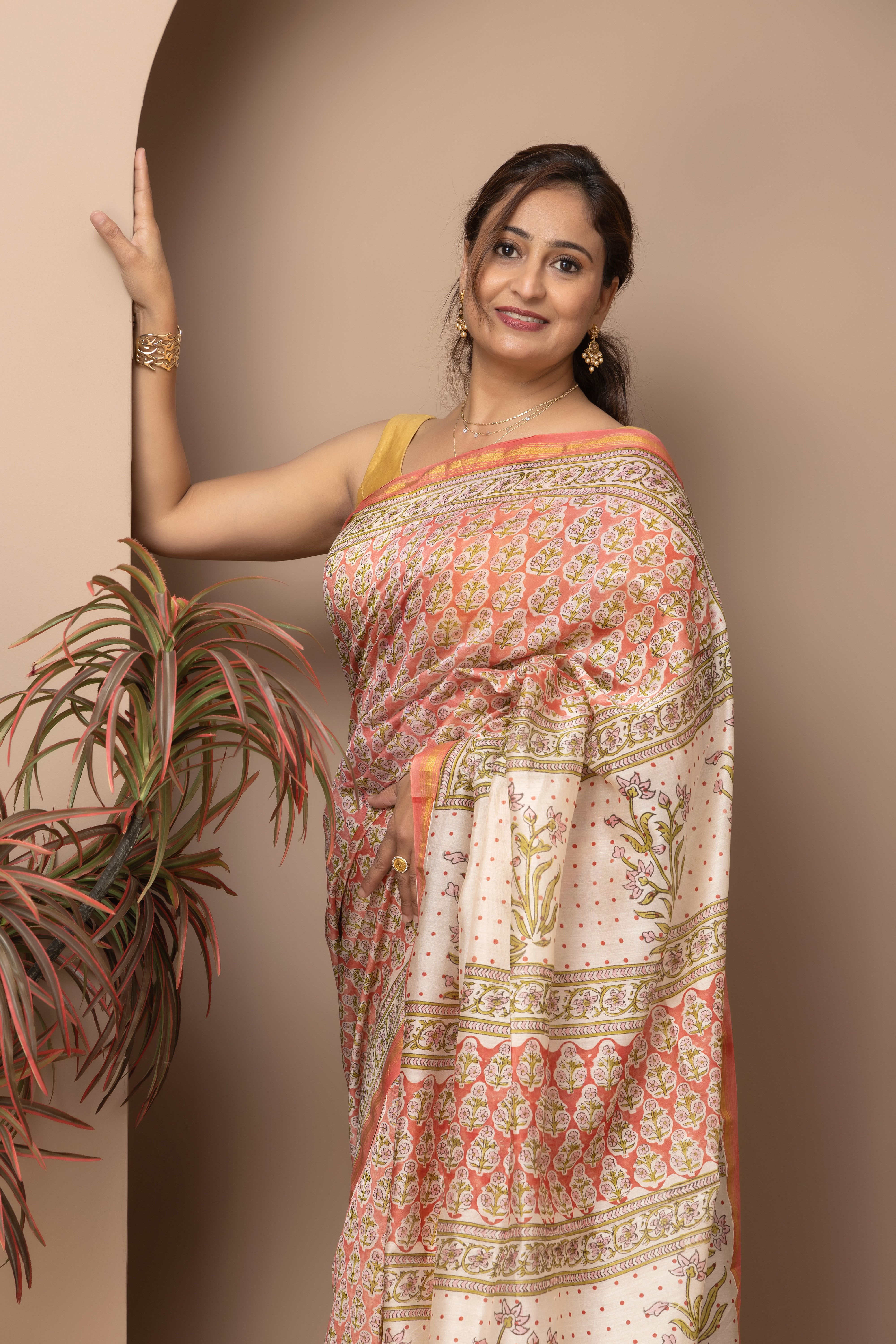 Chanderi cotton silk hand block coral saree