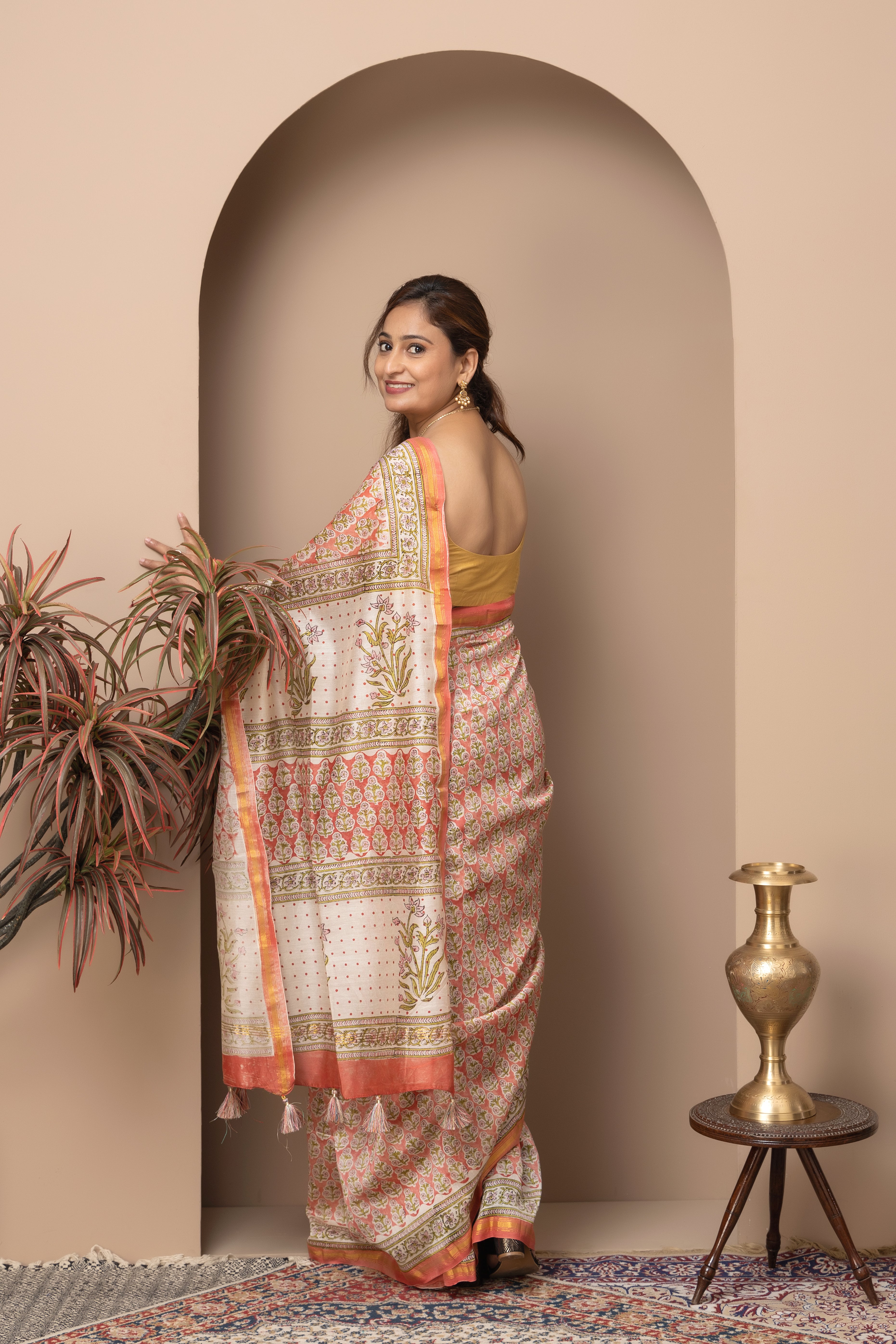 Chanderi cotton silk hand block coral saree