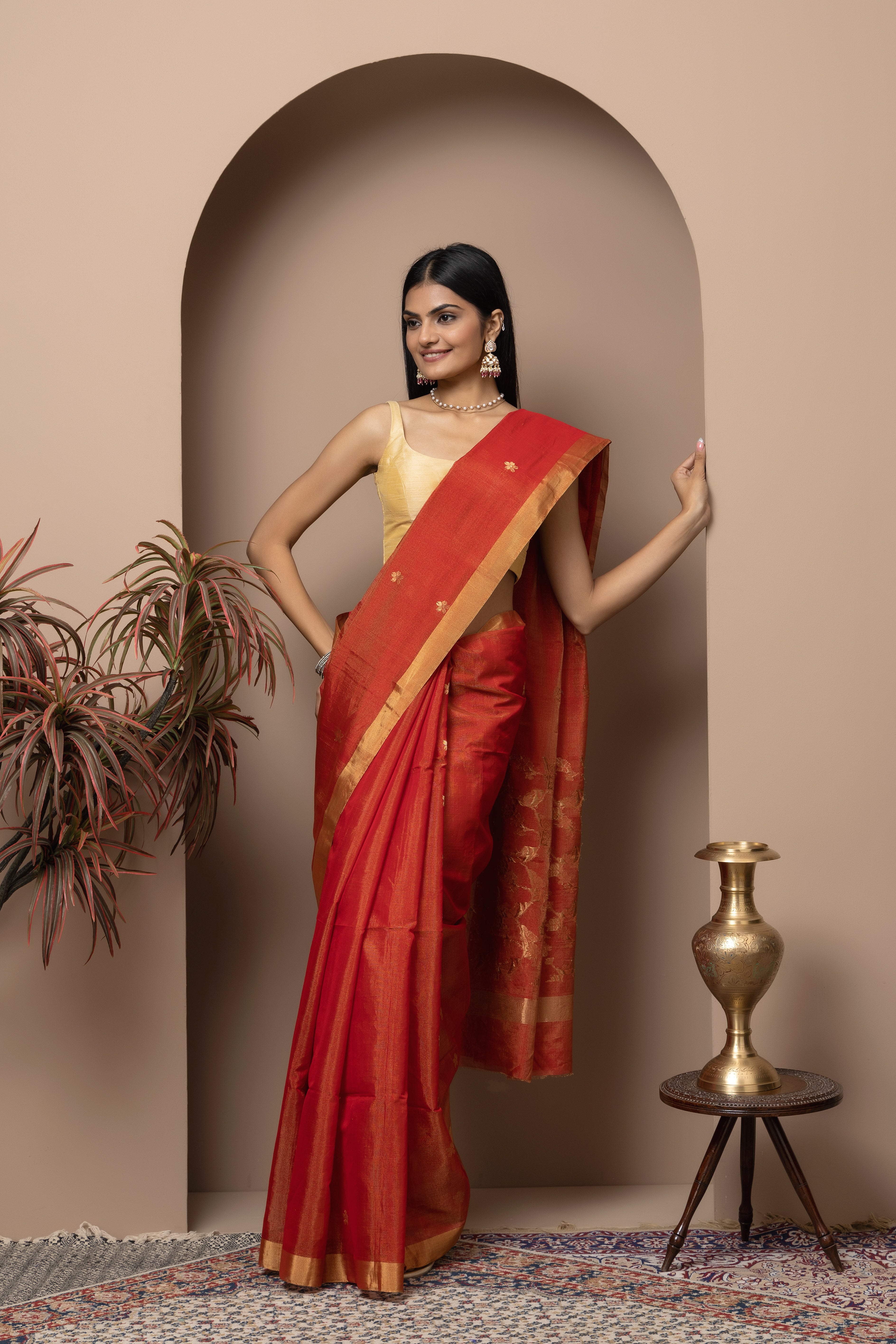 Chanderi handwoven pure Tissue silk coral red colour saree
