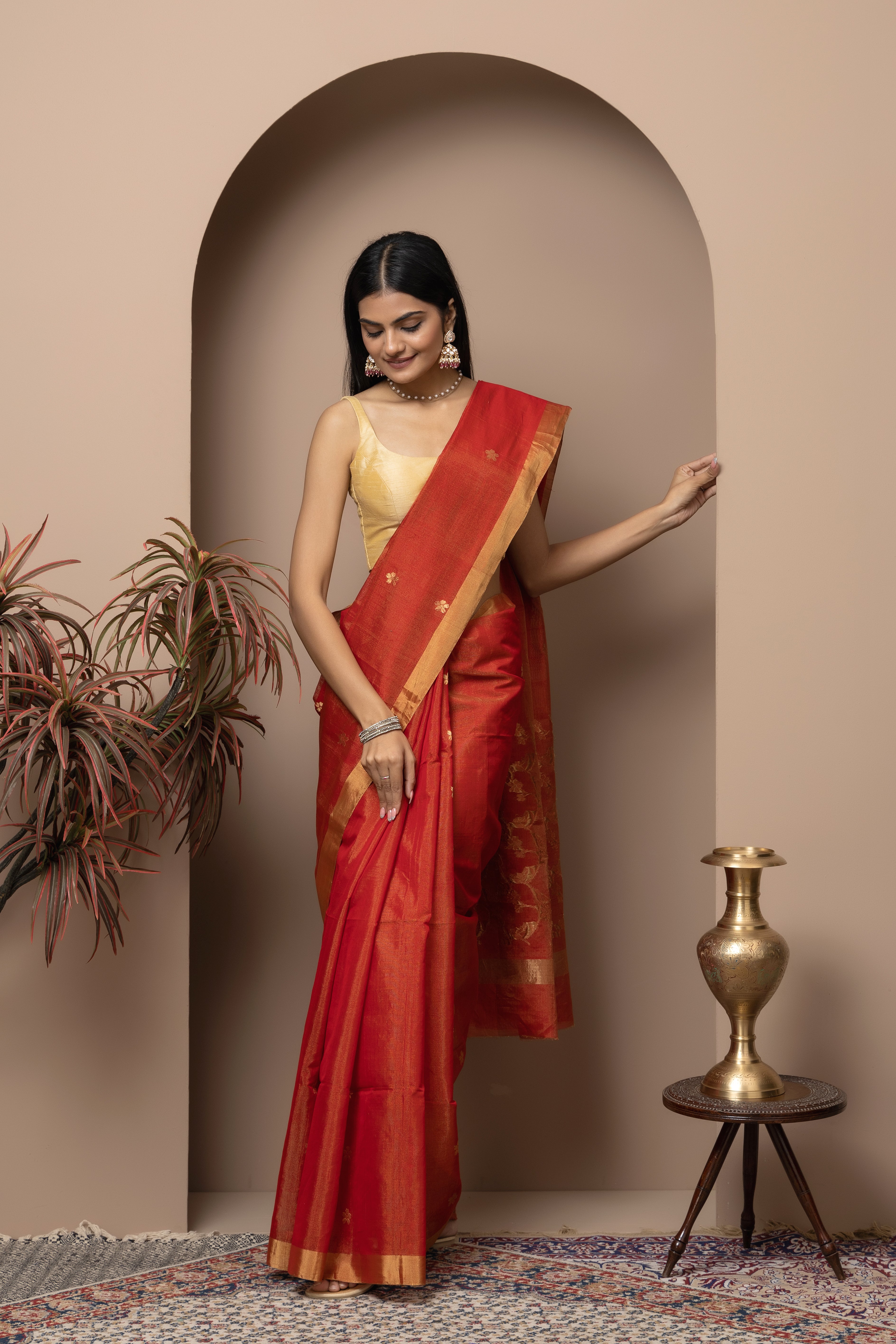 Chanderi handwoven pure Tissue silk coral red colour saree