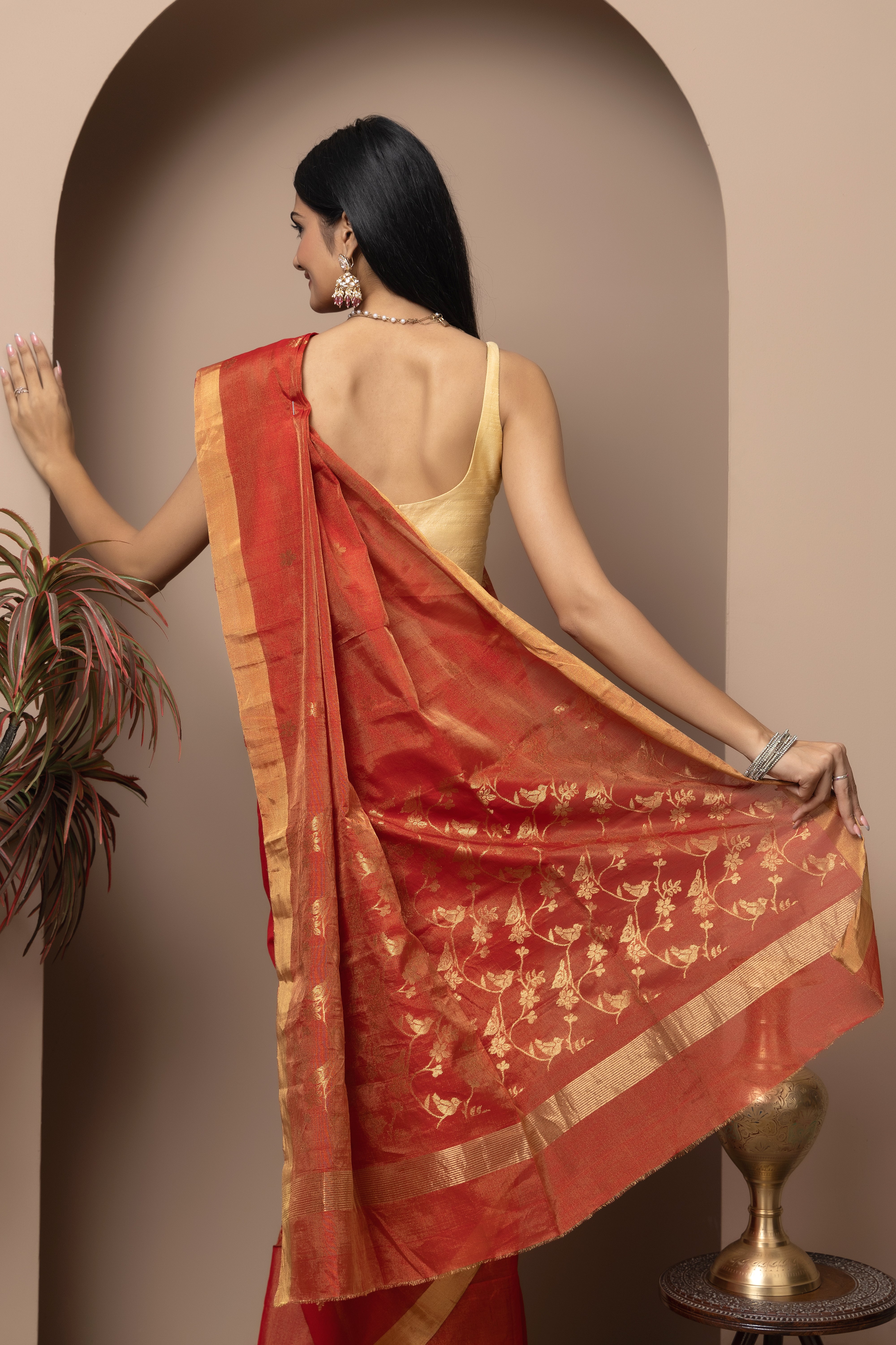 Chanderi handwoven pure Tissue silk coral red colour saree
