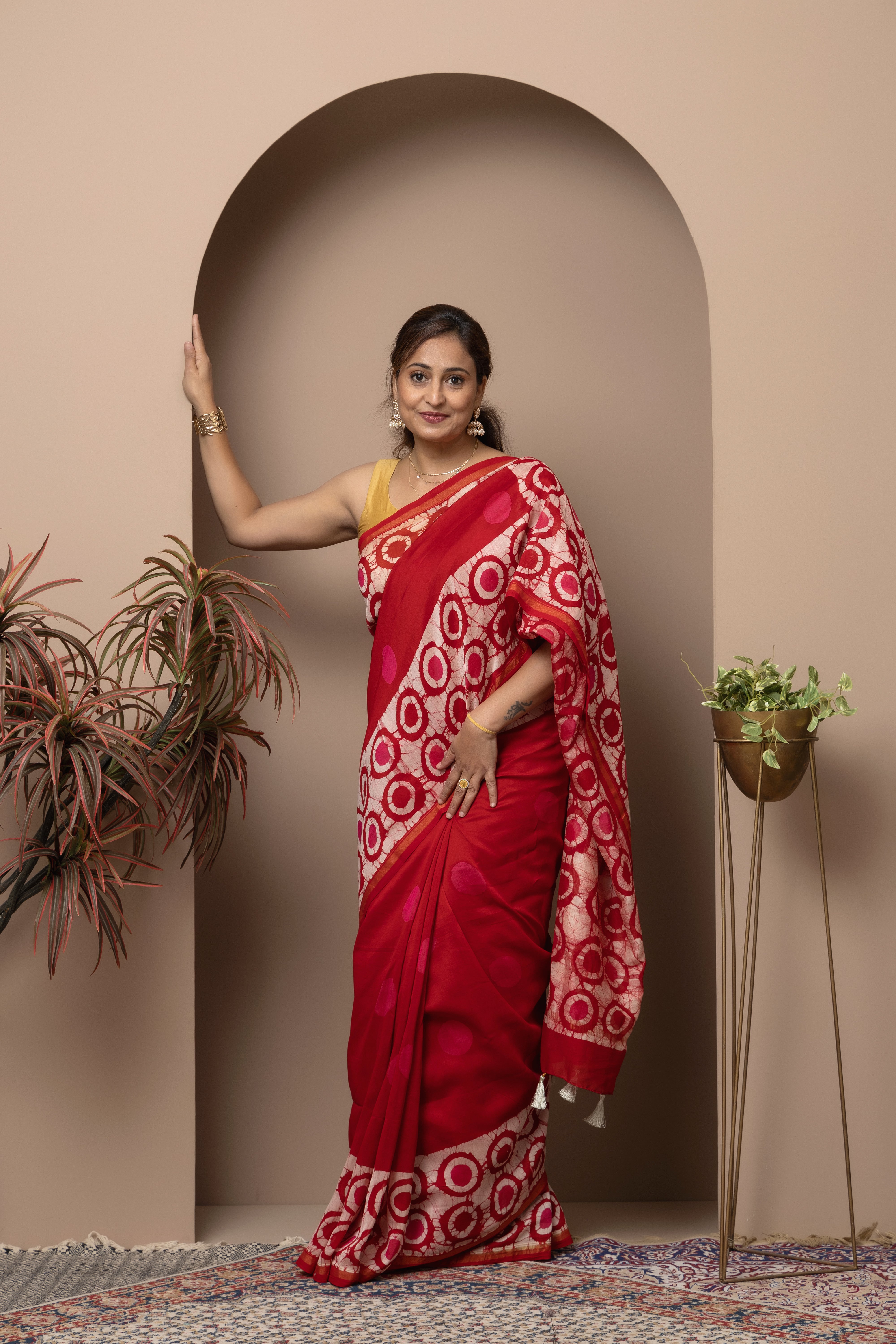 Chanderi cotton silk red batik dye saree