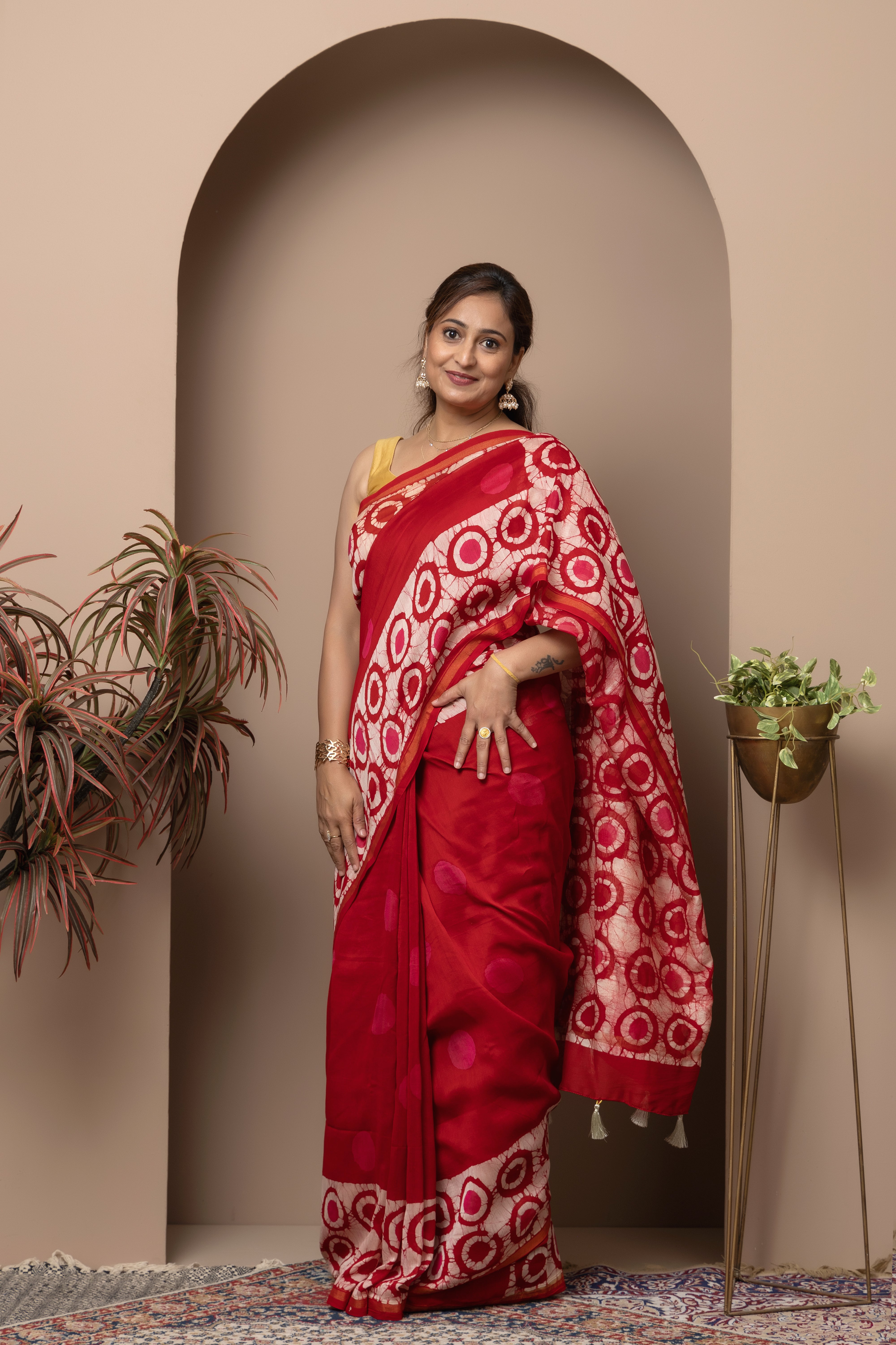 Chanderi cotton silk red batik dye saree