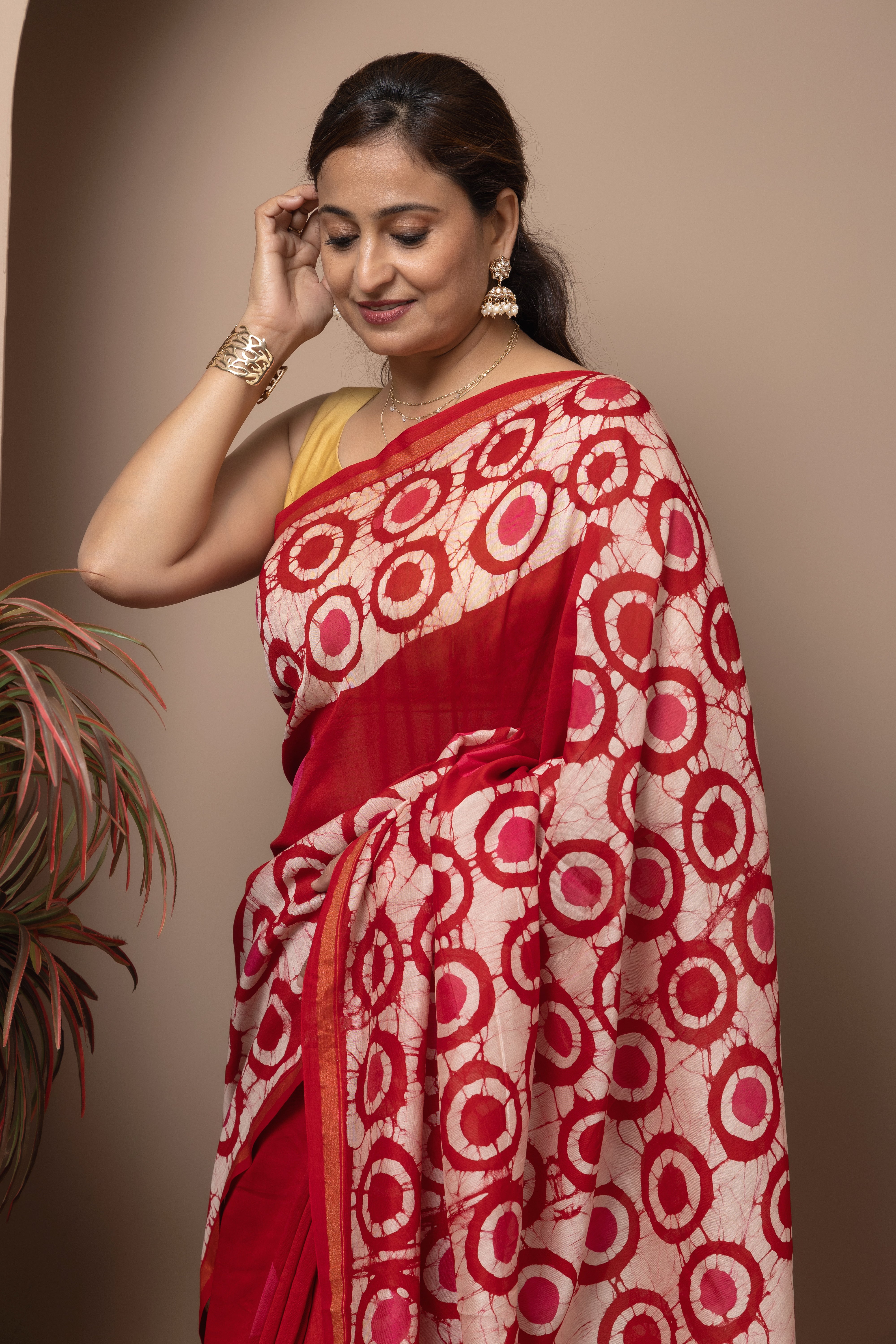 Chanderi cotton silk red batik dye saree