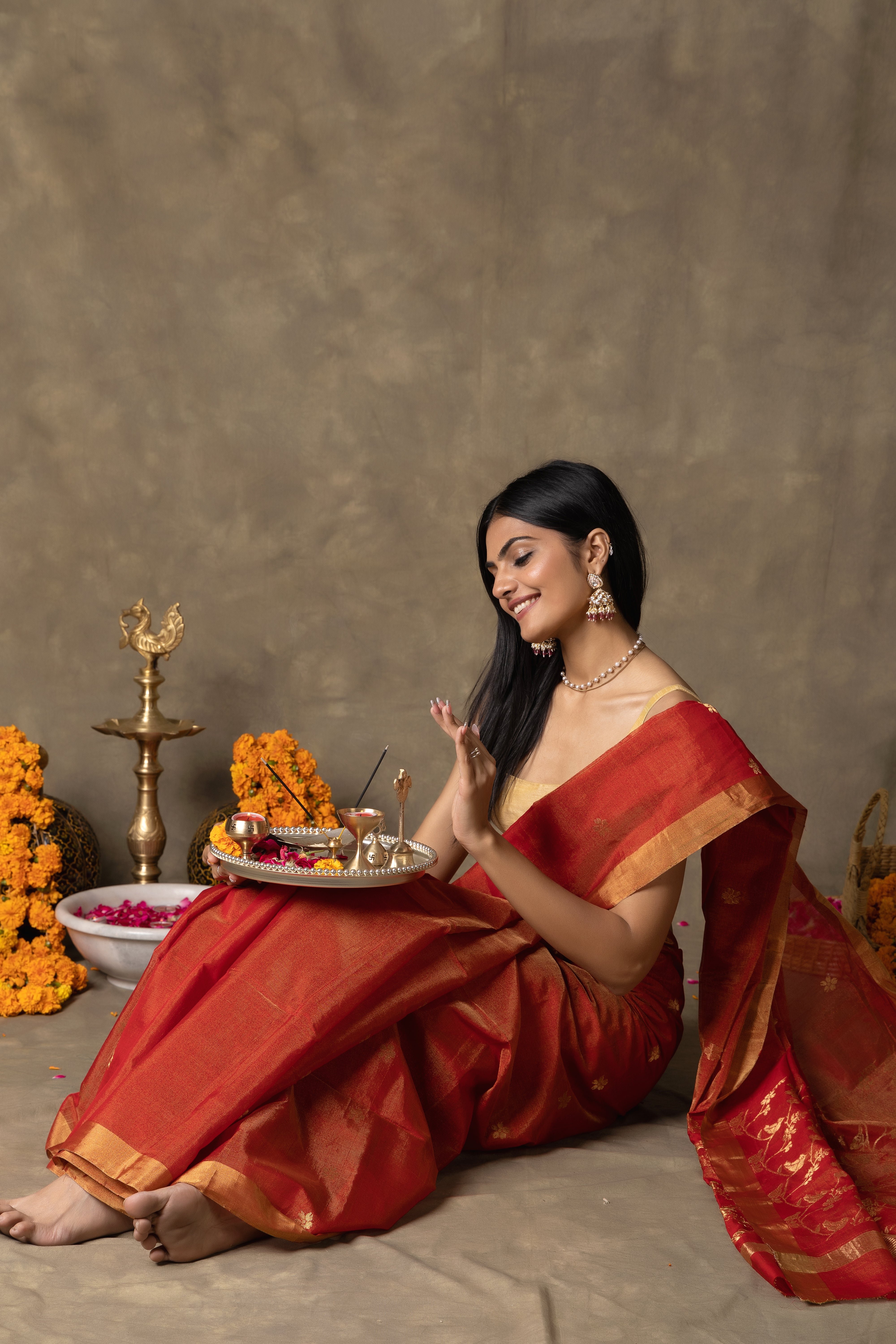 Chanderi handwoven pure Tissue silk coral red colour saree