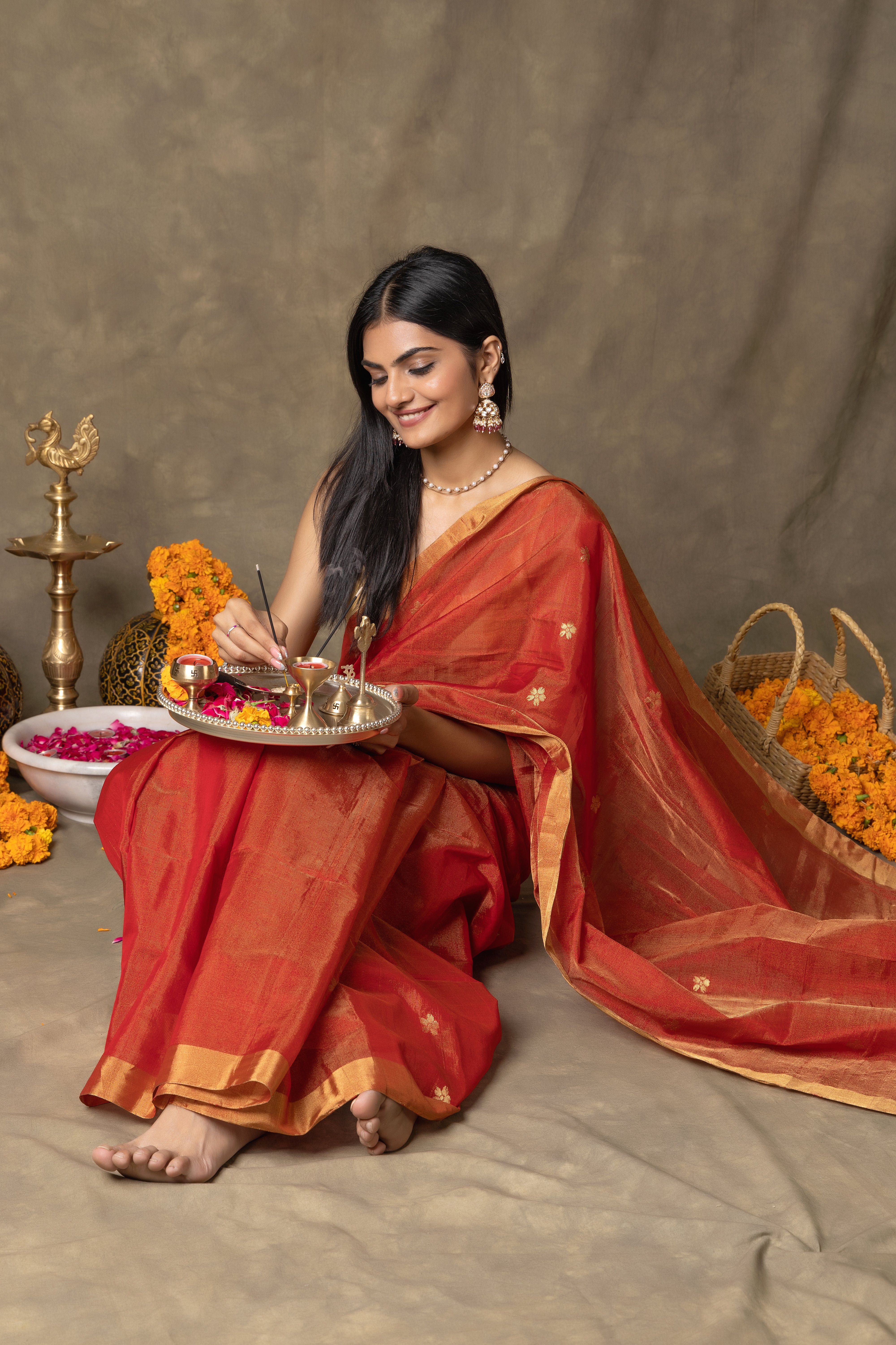 Chanderi handwoven pure Tissue silk coral red colour saree