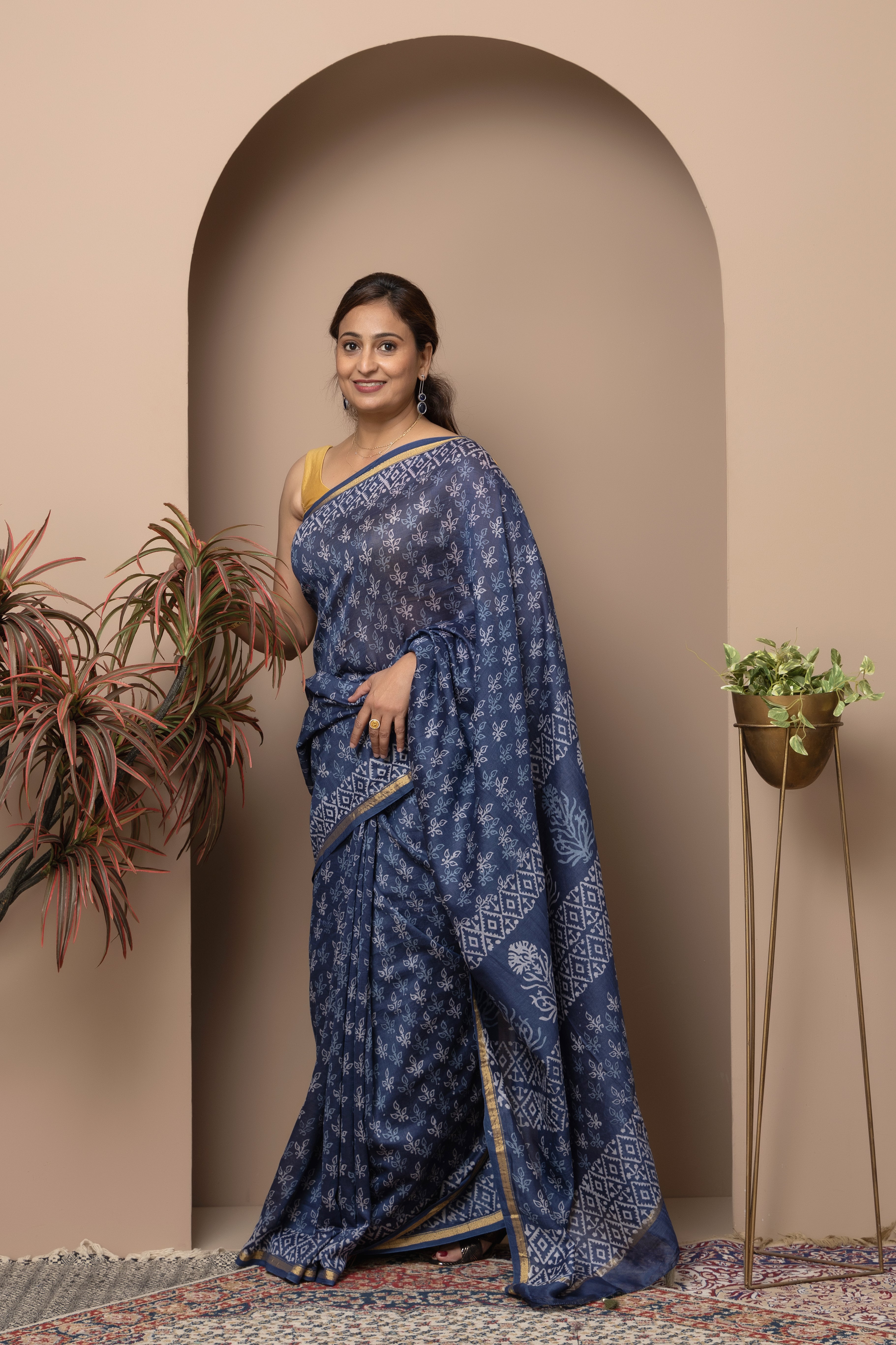Cotton silk hand block indigo saree