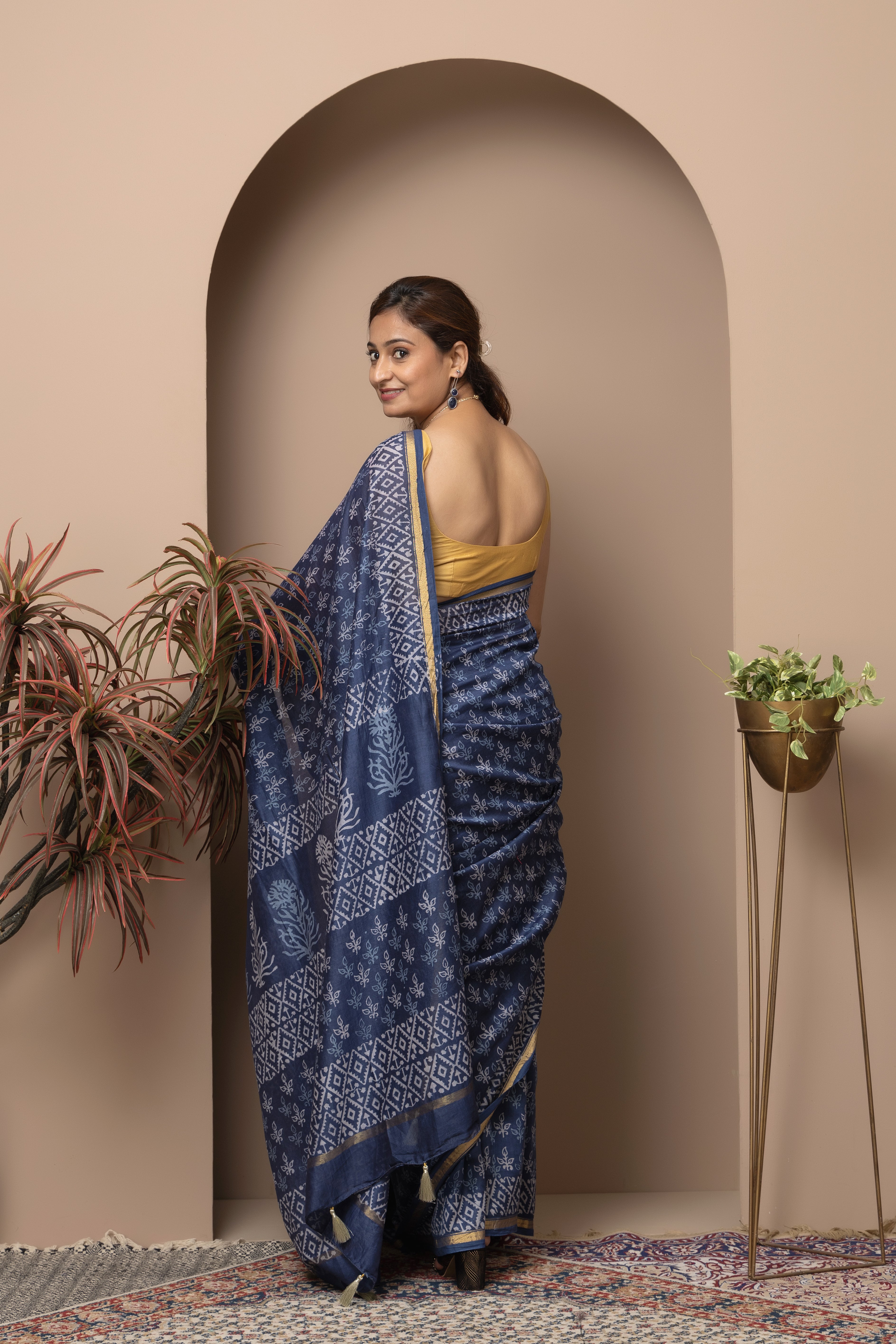 Cotton silk hand block indigo saree