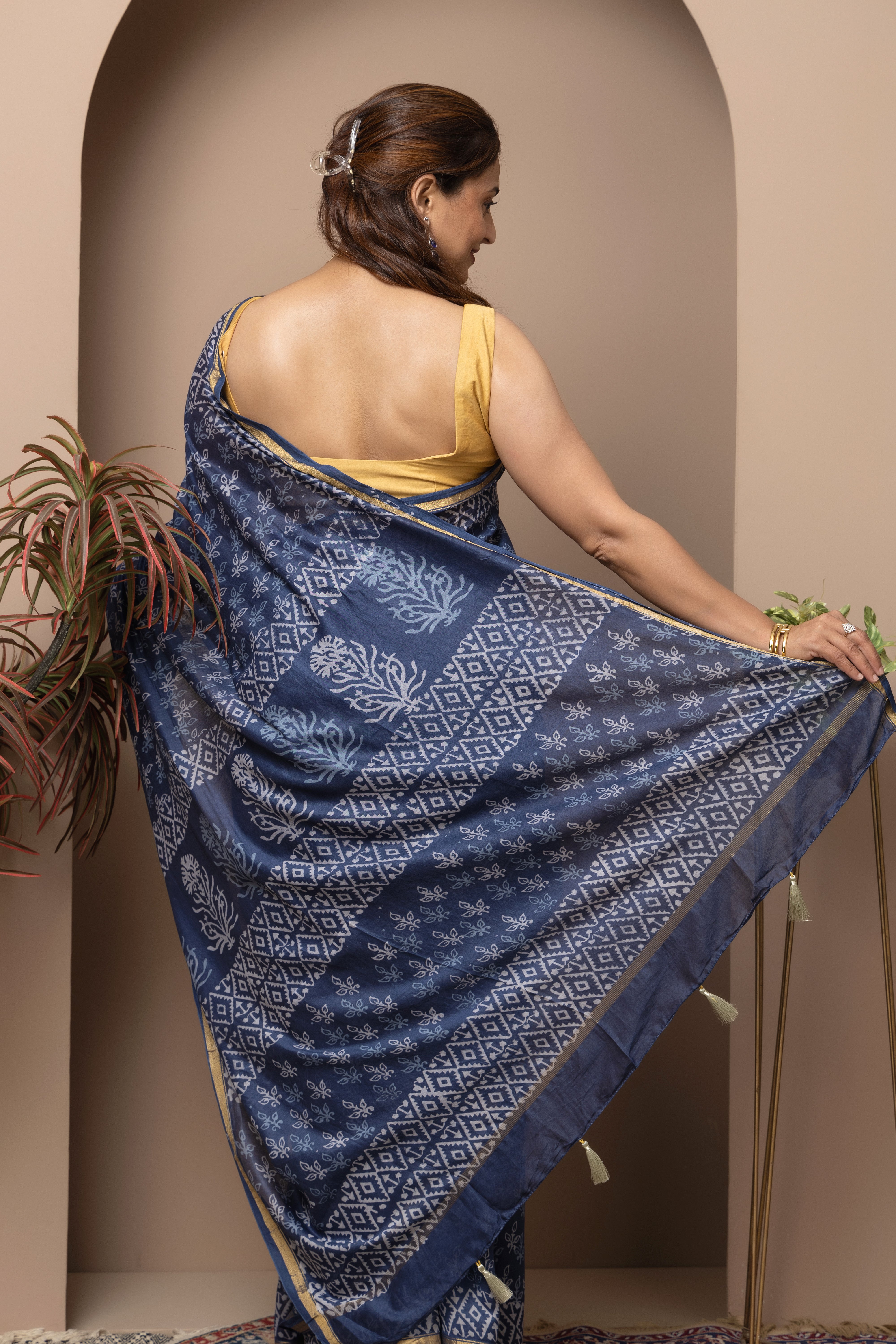 Cotton silk hand block indigo saree