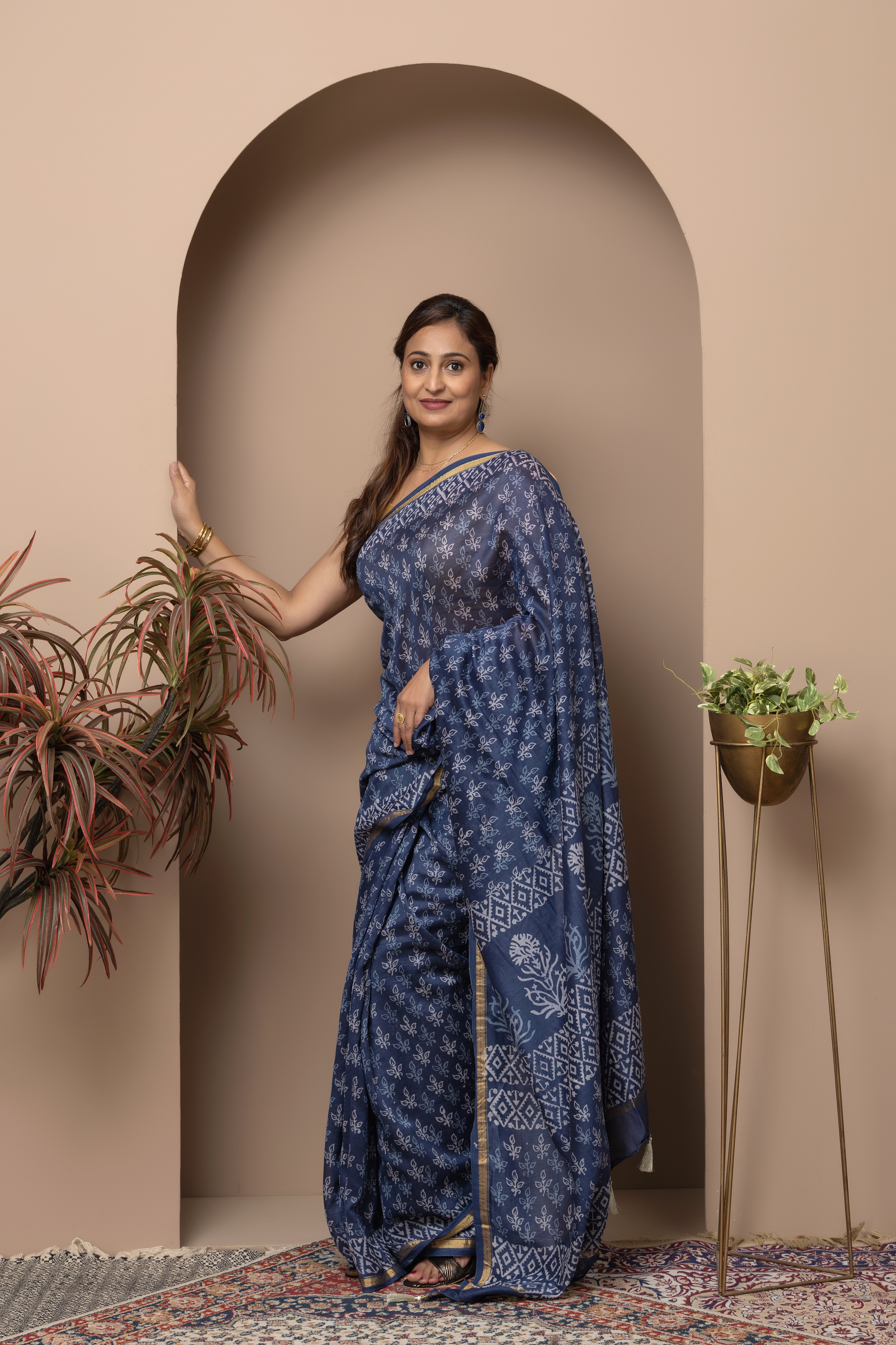 Cotton silk hand block indigo saree