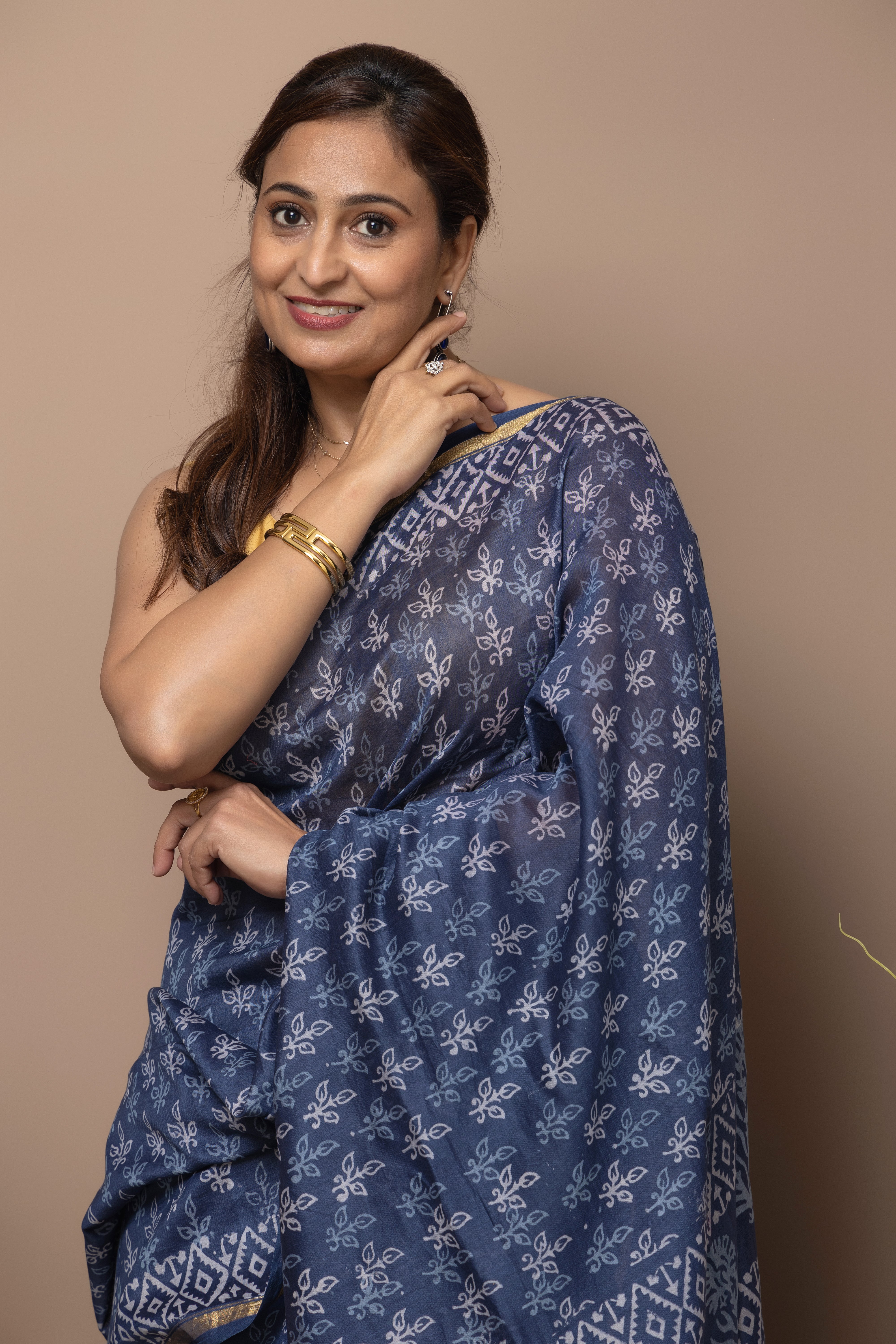 Cotton silk hand block indigo saree
