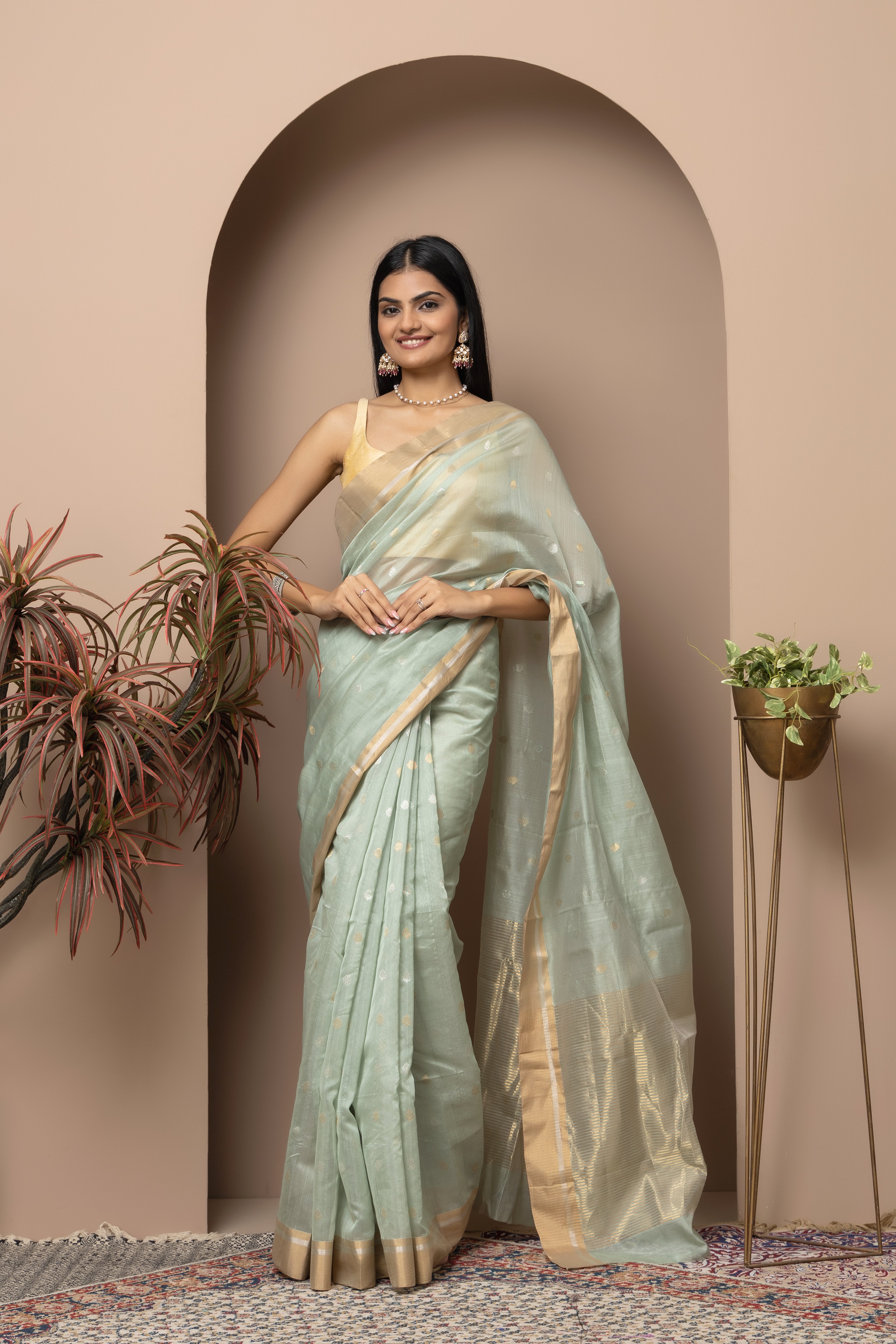 Chanderi handwoven pure pattu silk sea green saree