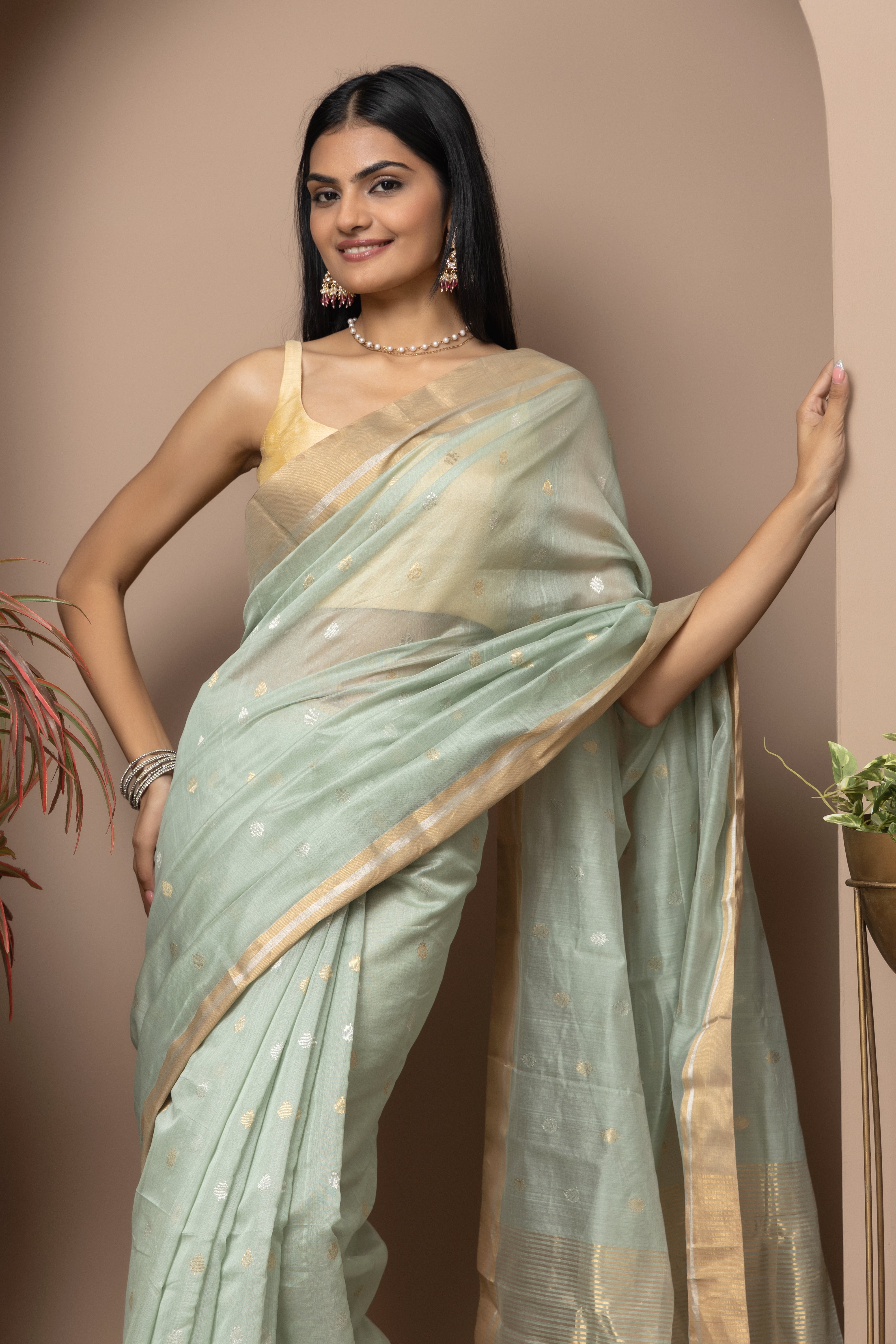 Chanderi handwoven pure pattu silk sea green saree