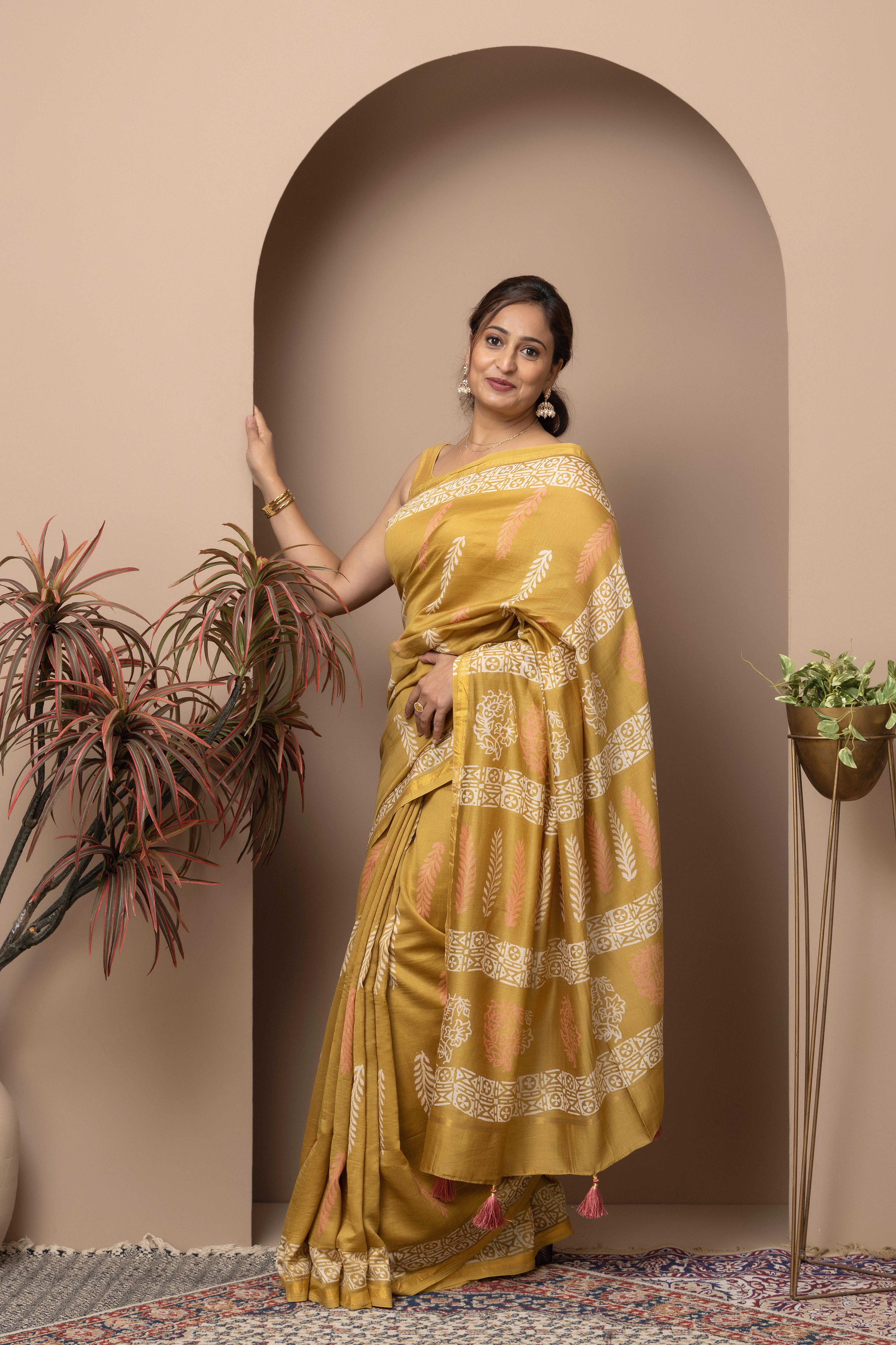 Cotton silk hand block mustard colour saree