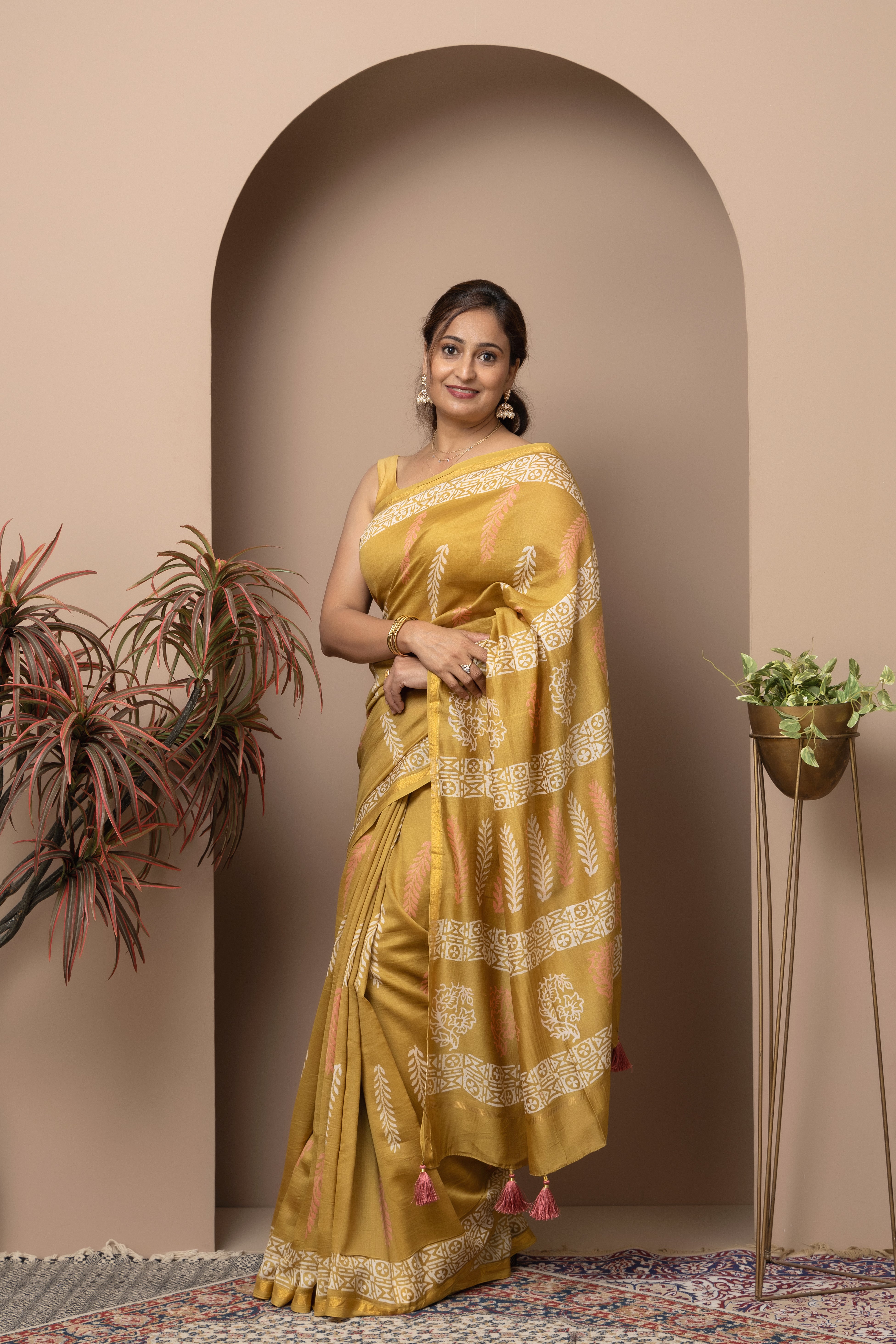 Cotton silk hand block mustard colour saree