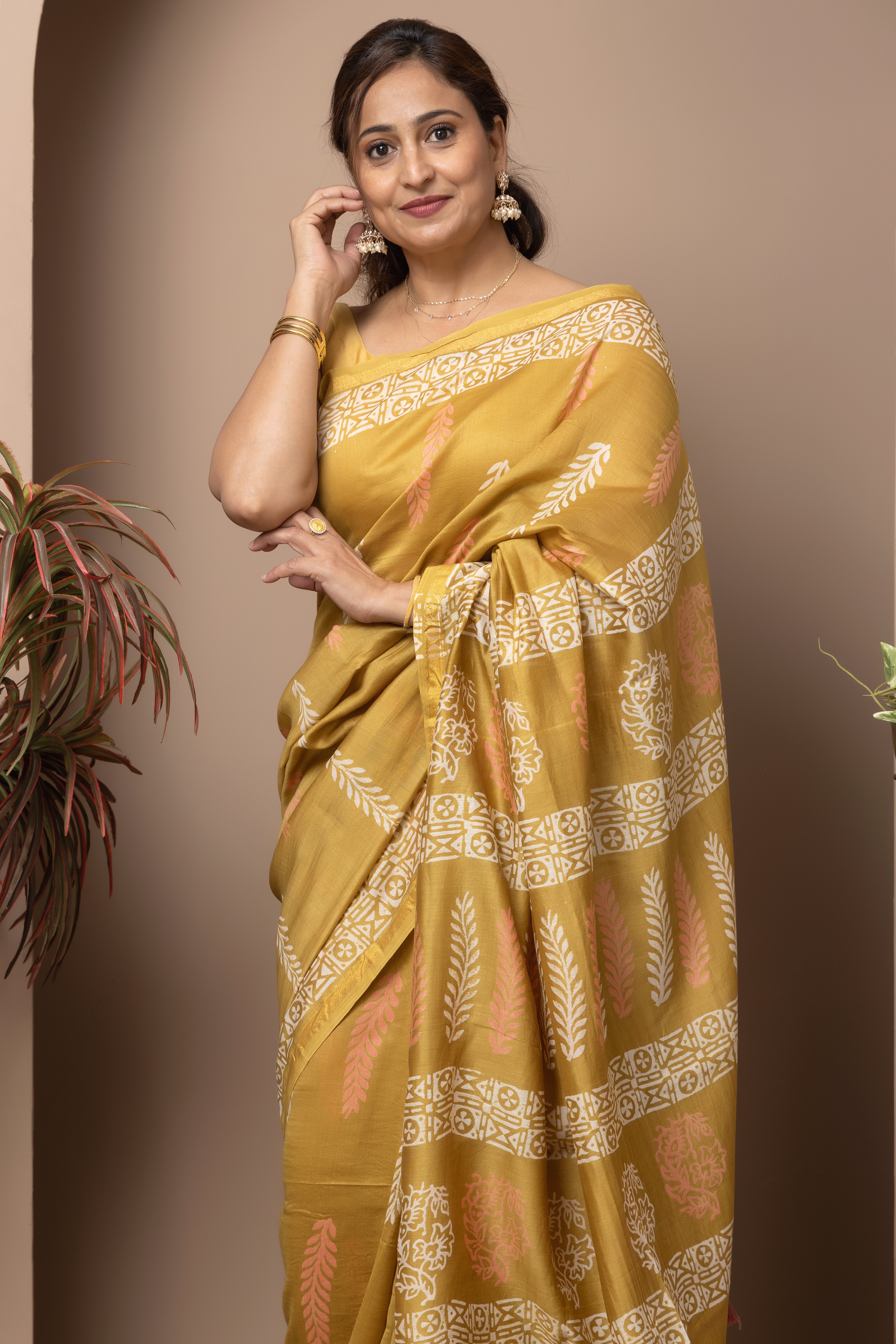 Cotton silk hand block mustard colour saree
