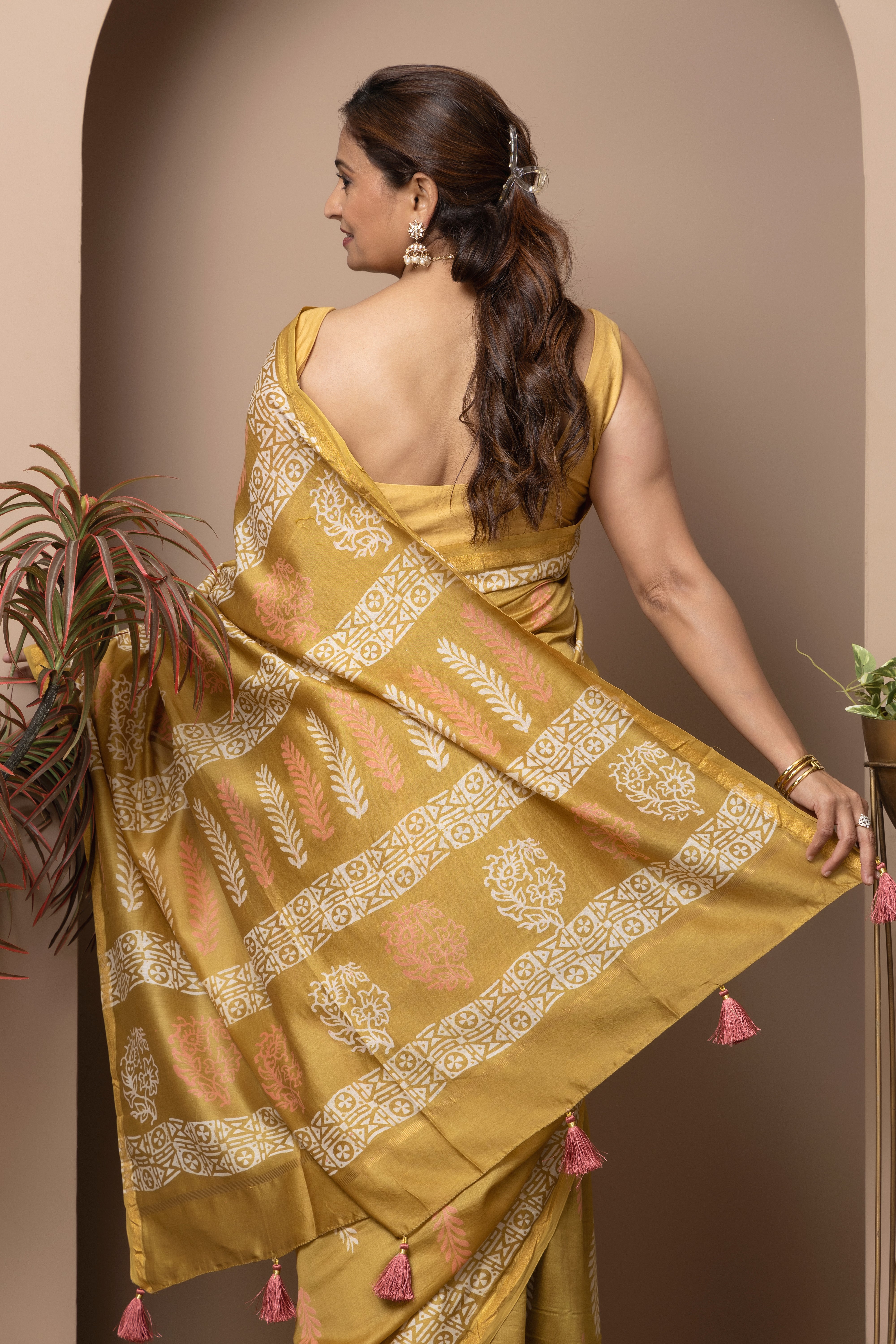 Cotton silk hand block mustard colour saree