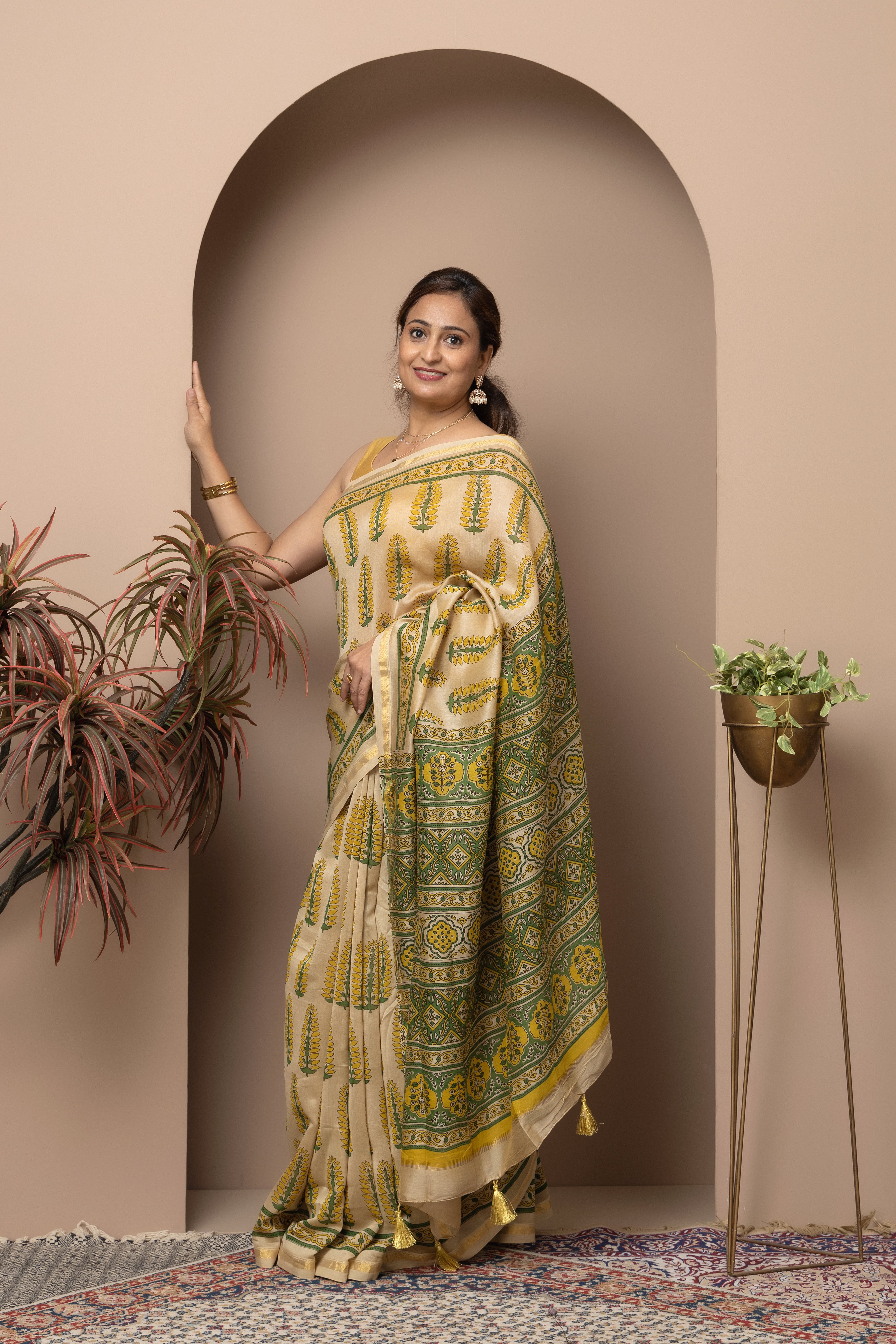 Chanderi cotton silk hand block print beige colour saree