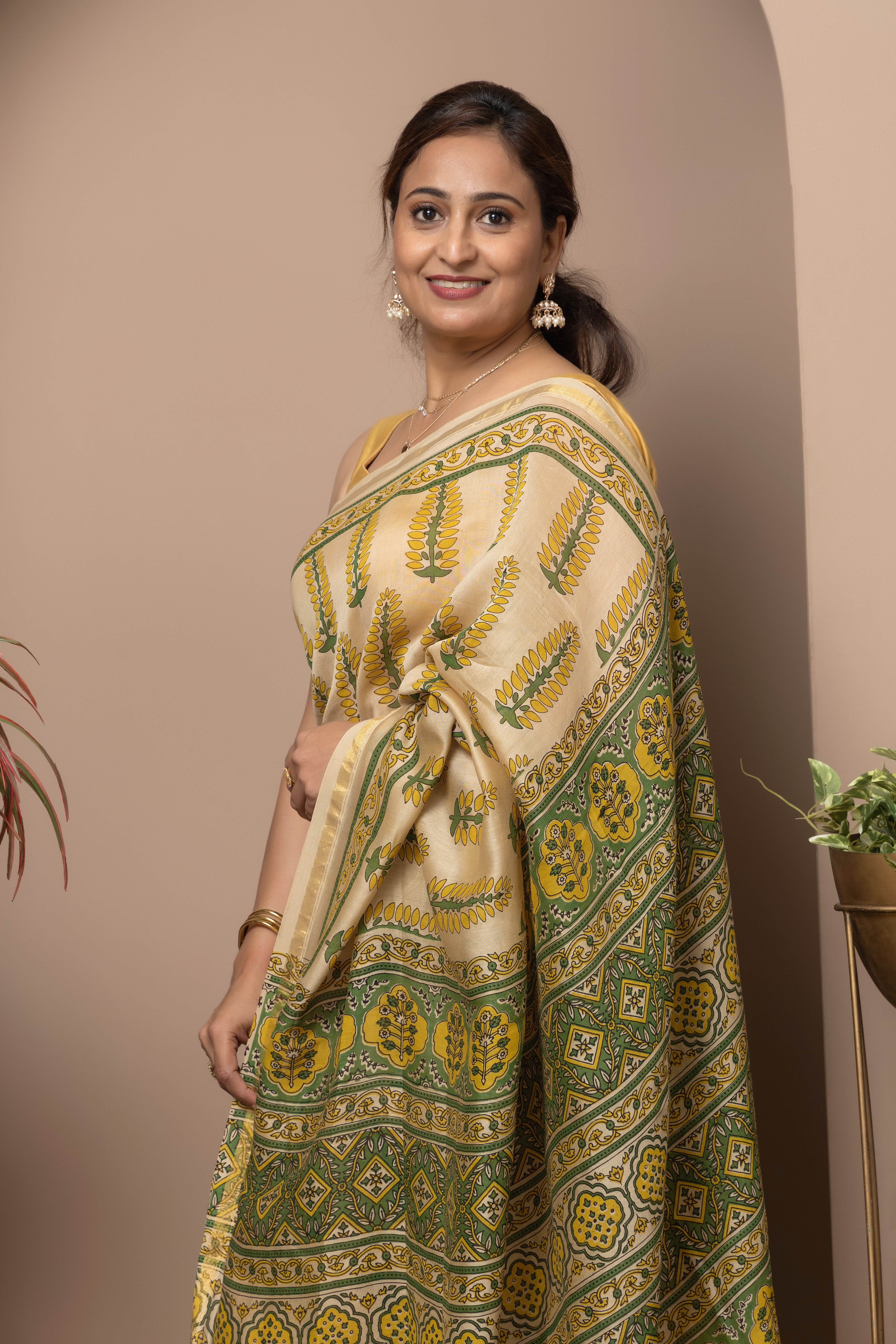 Chanderi cotton silk hand block print beige colour saree