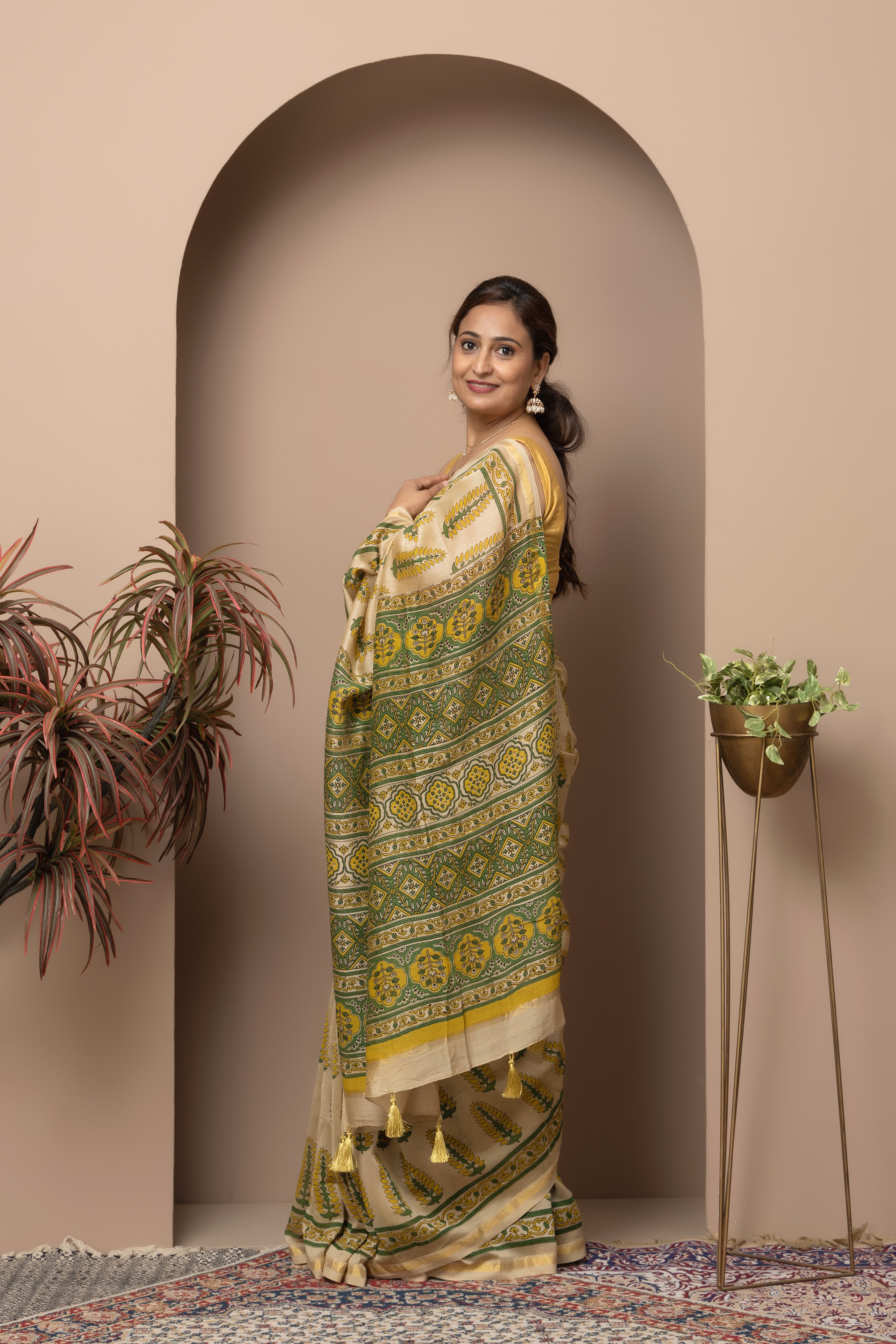 Chanderi cotton silk hand block print beige colour saree