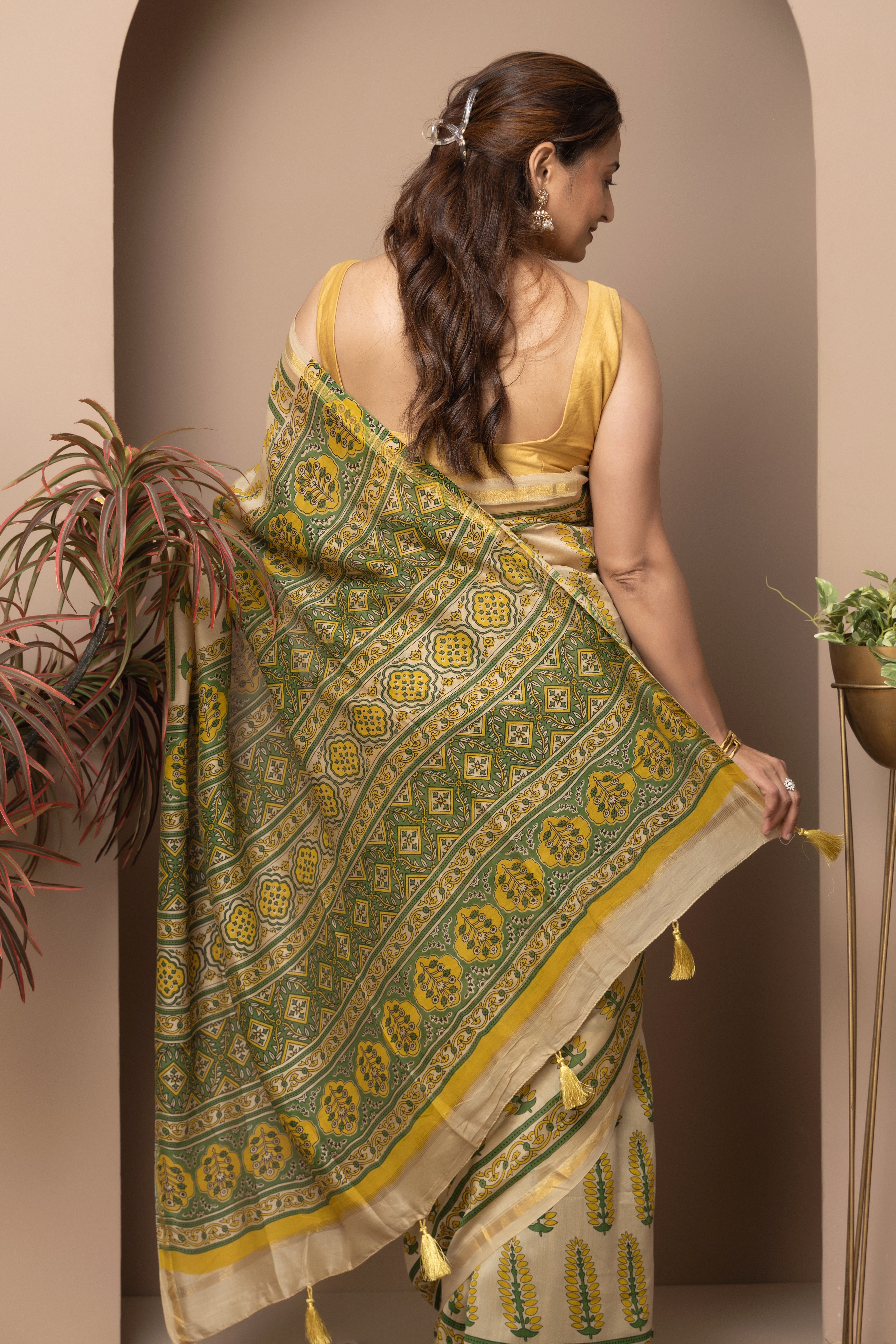 Chanderi cotton silk hand block print beige colour saree