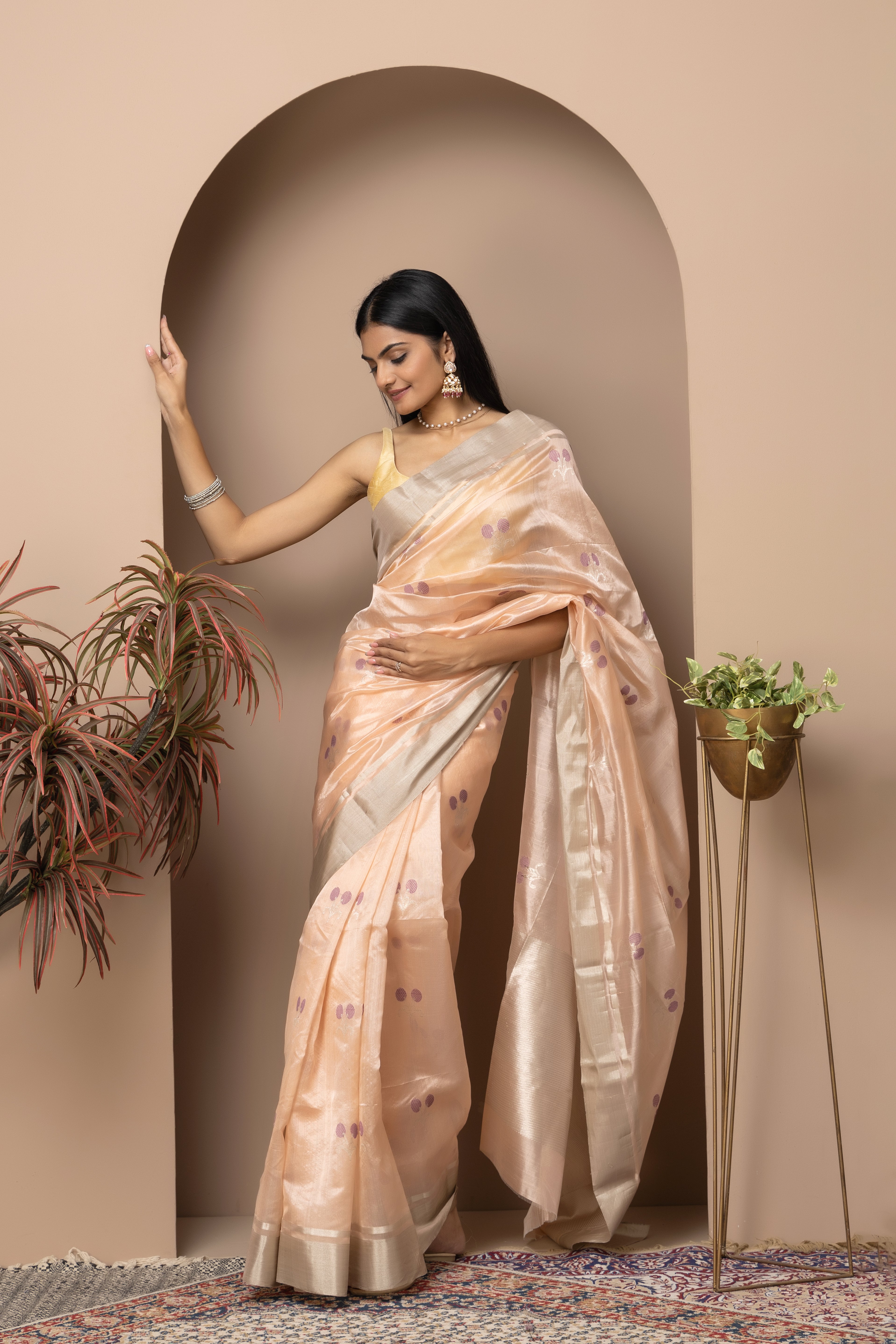 Chanderi handwoven pure pattu pastel peach saree