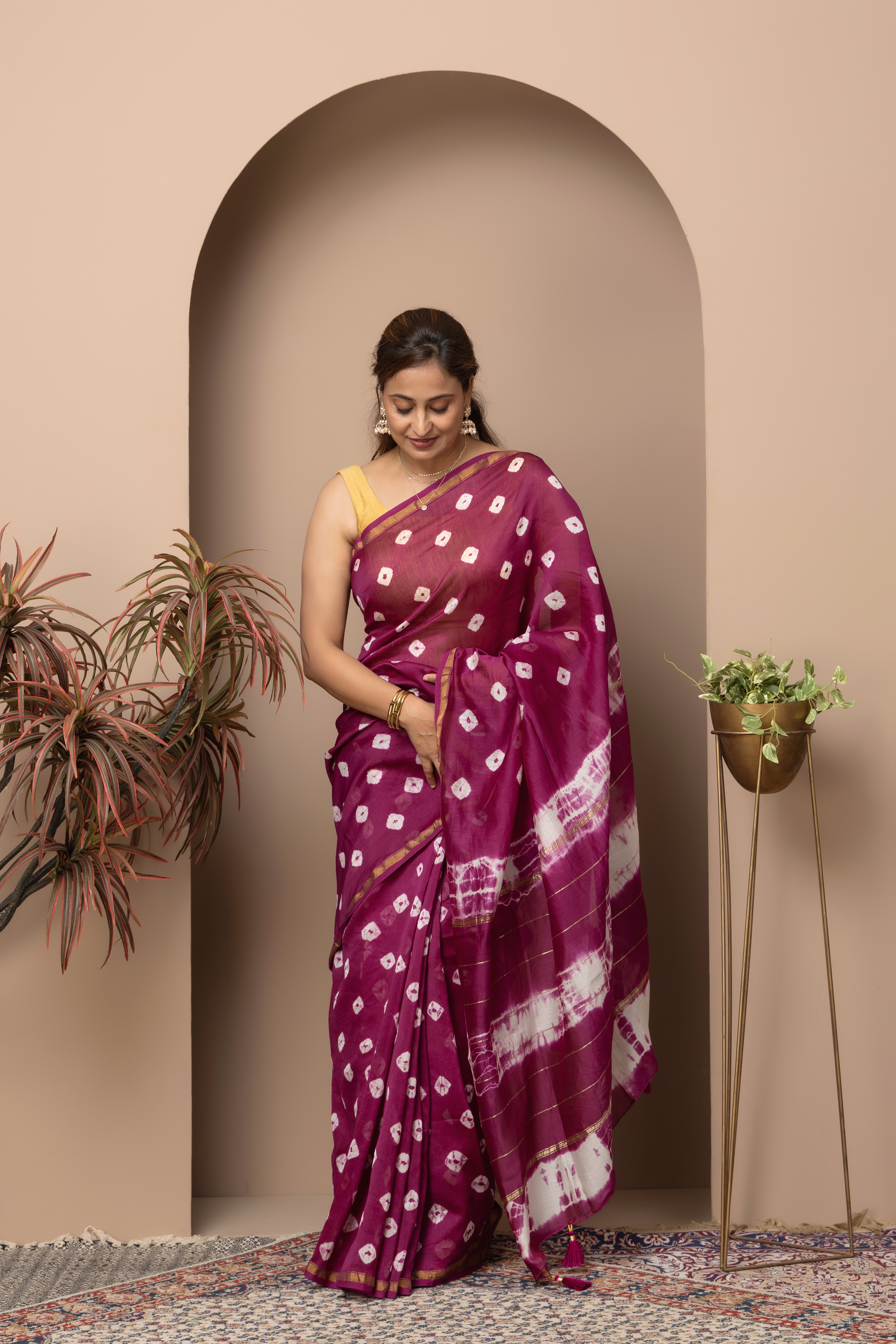 Chanderi mauve cotton silk saree with shibori tie & Dye