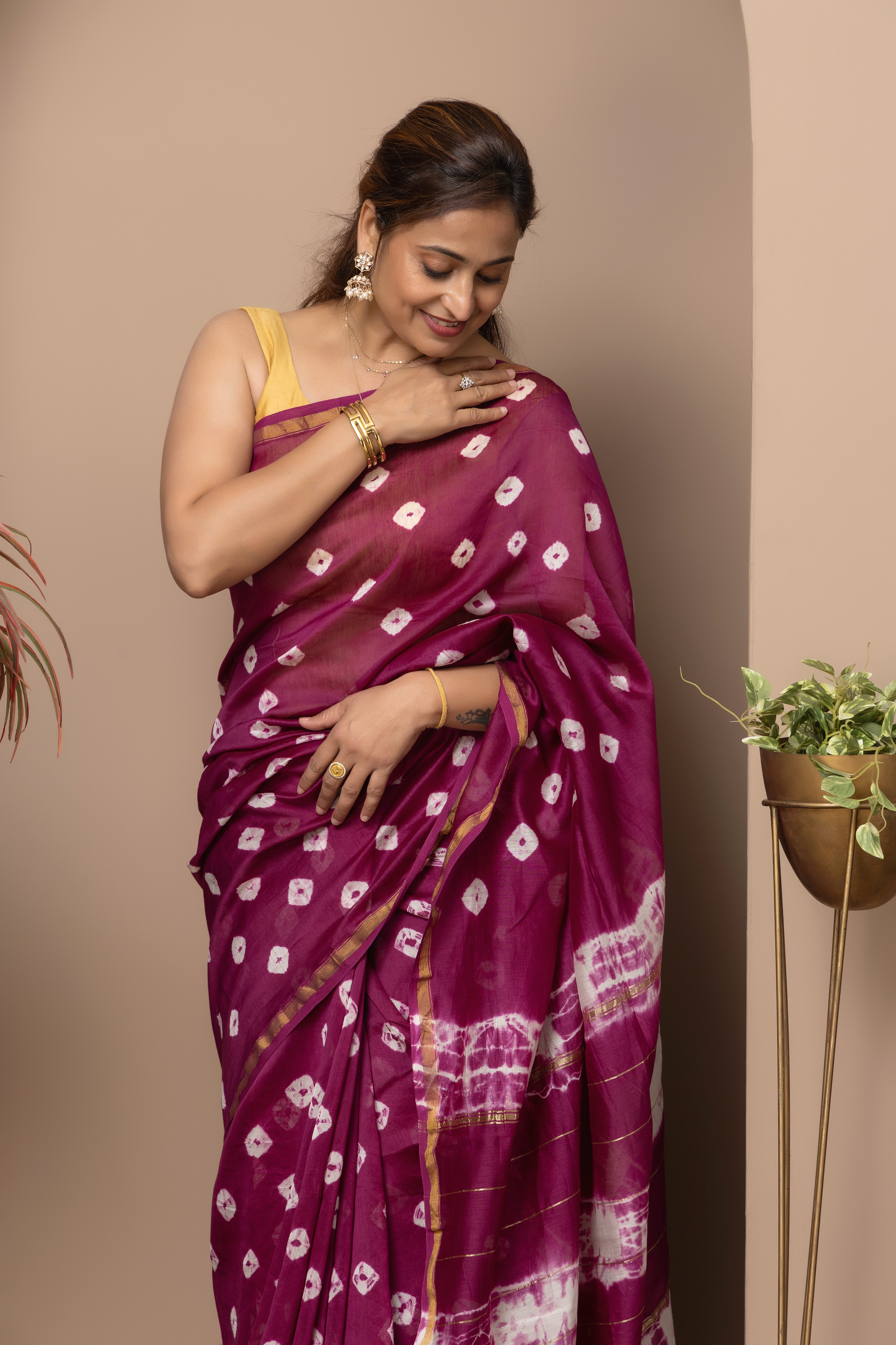 Chanderi mauve cotton silk saree with shibori tie & Dye