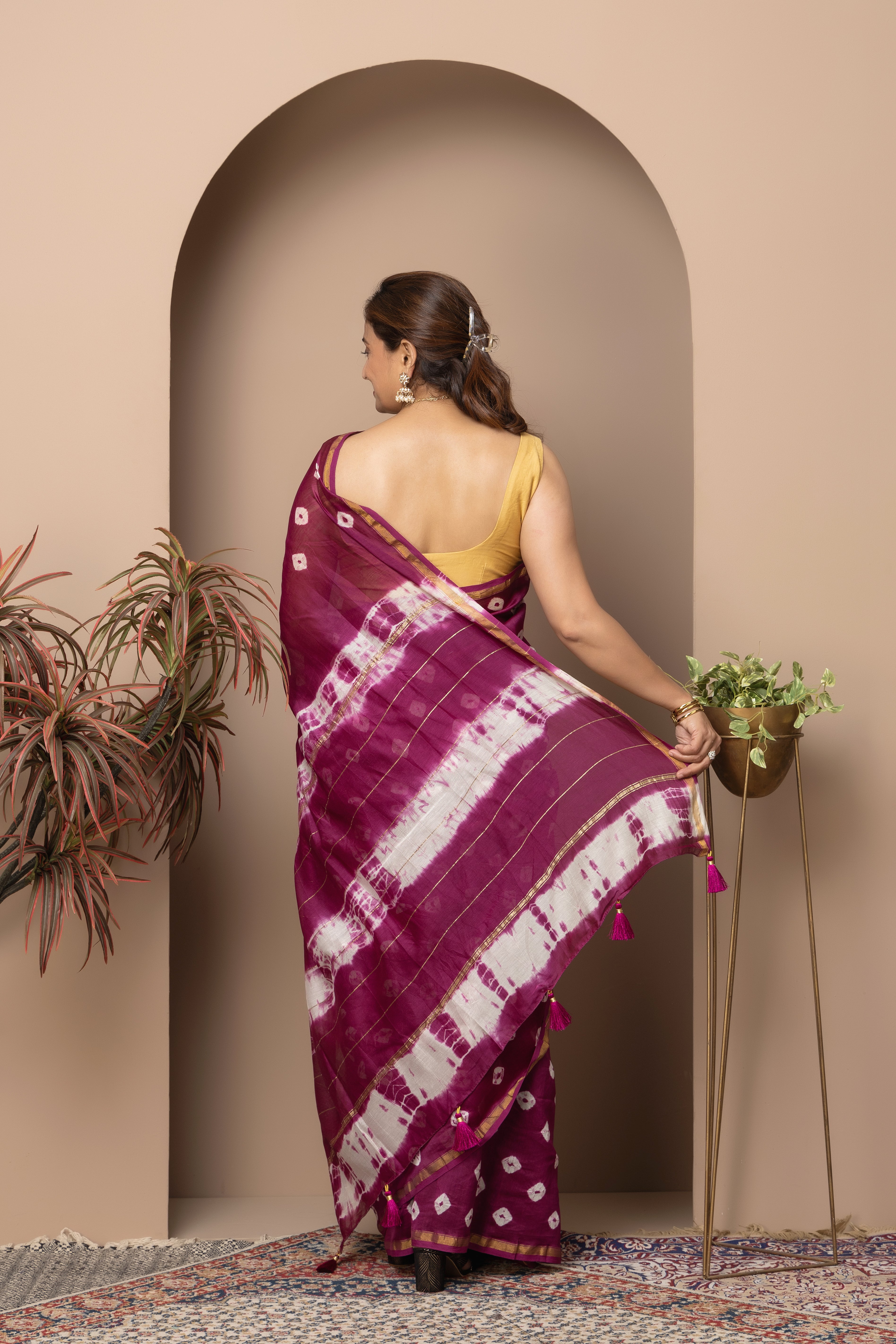 Chanderi mauve cotton silk saree with shibori tie & Dye
