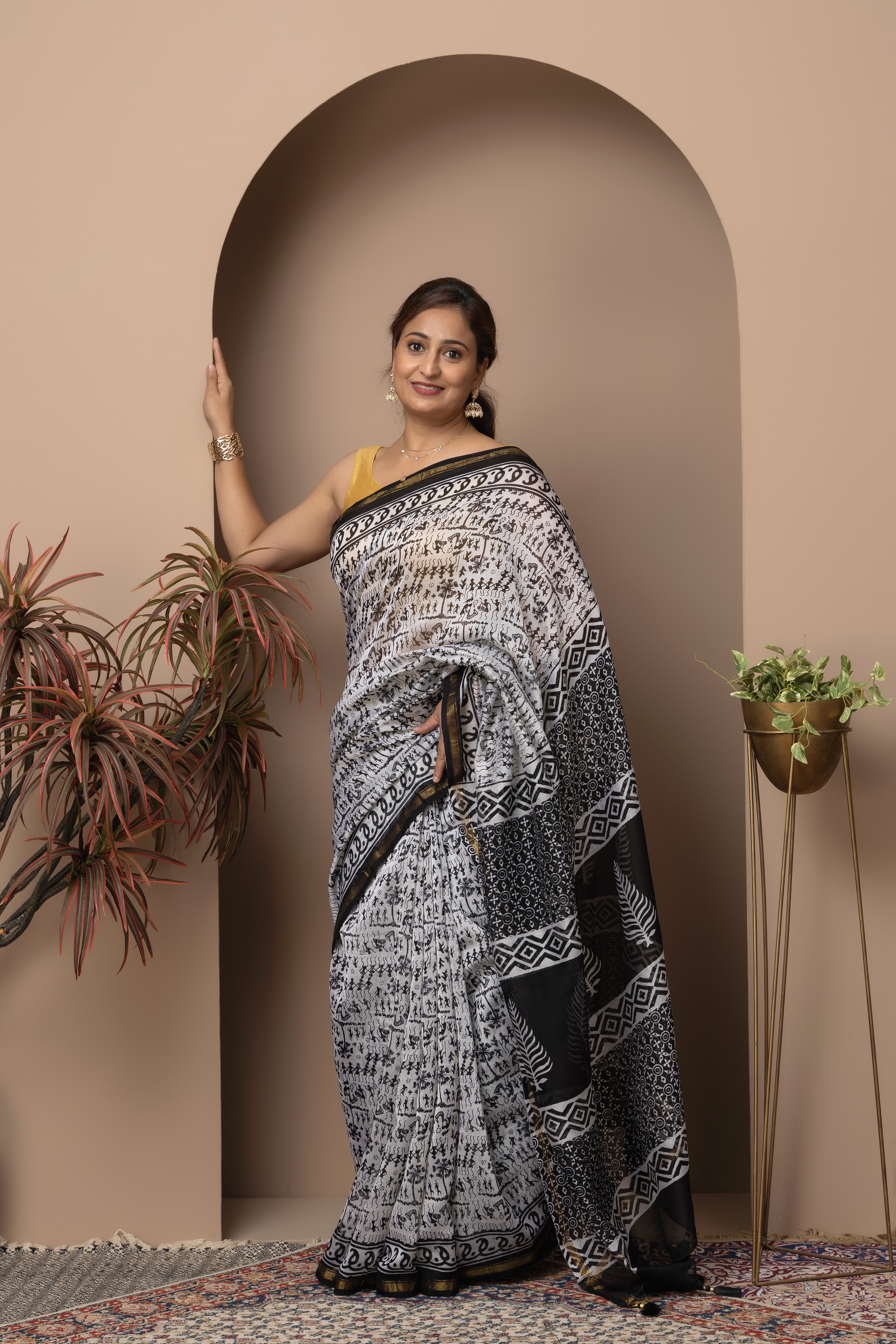 Chanderi cotton silk black-white hand block print saree