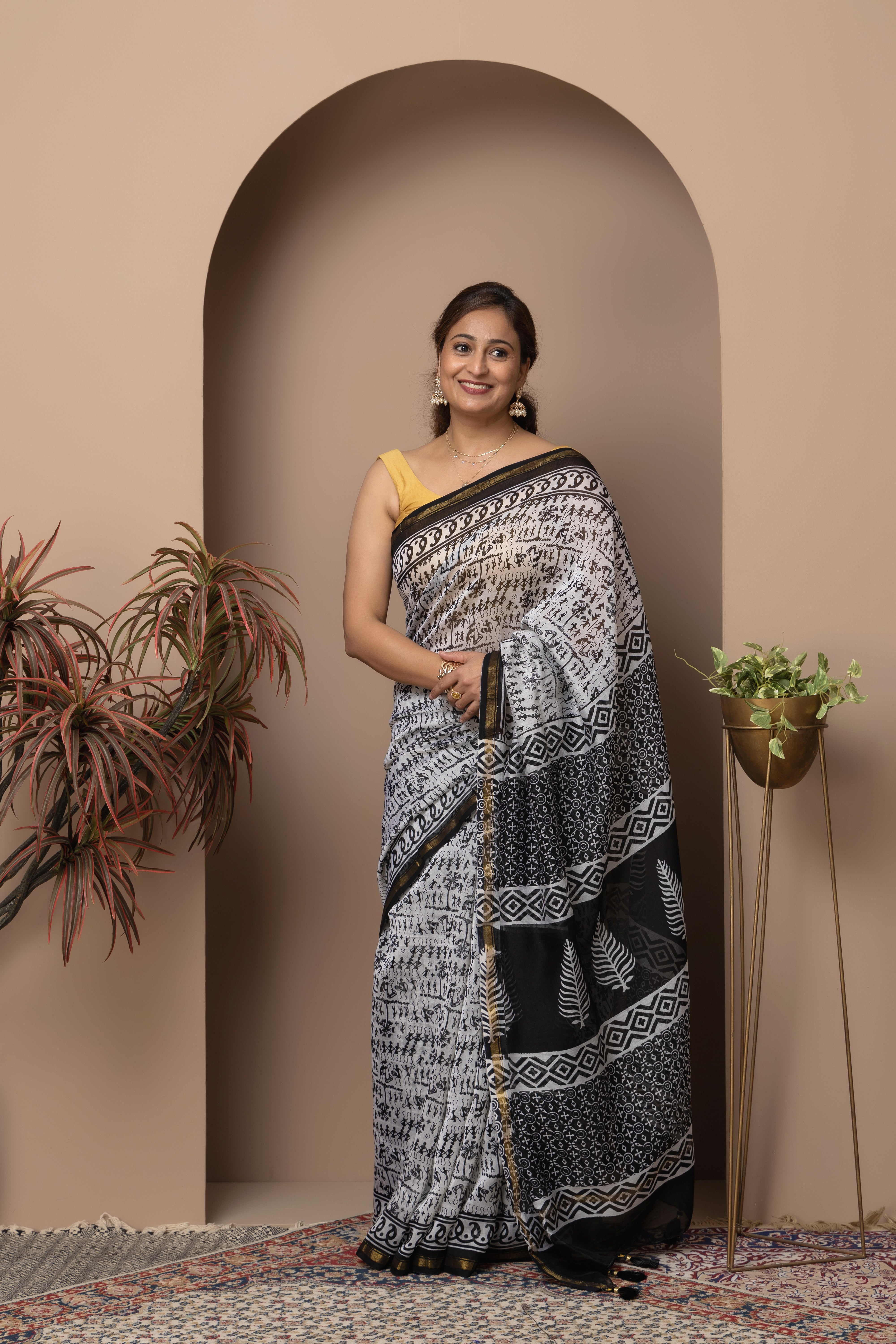 Chanderi cotton silk black-white hand block print saree