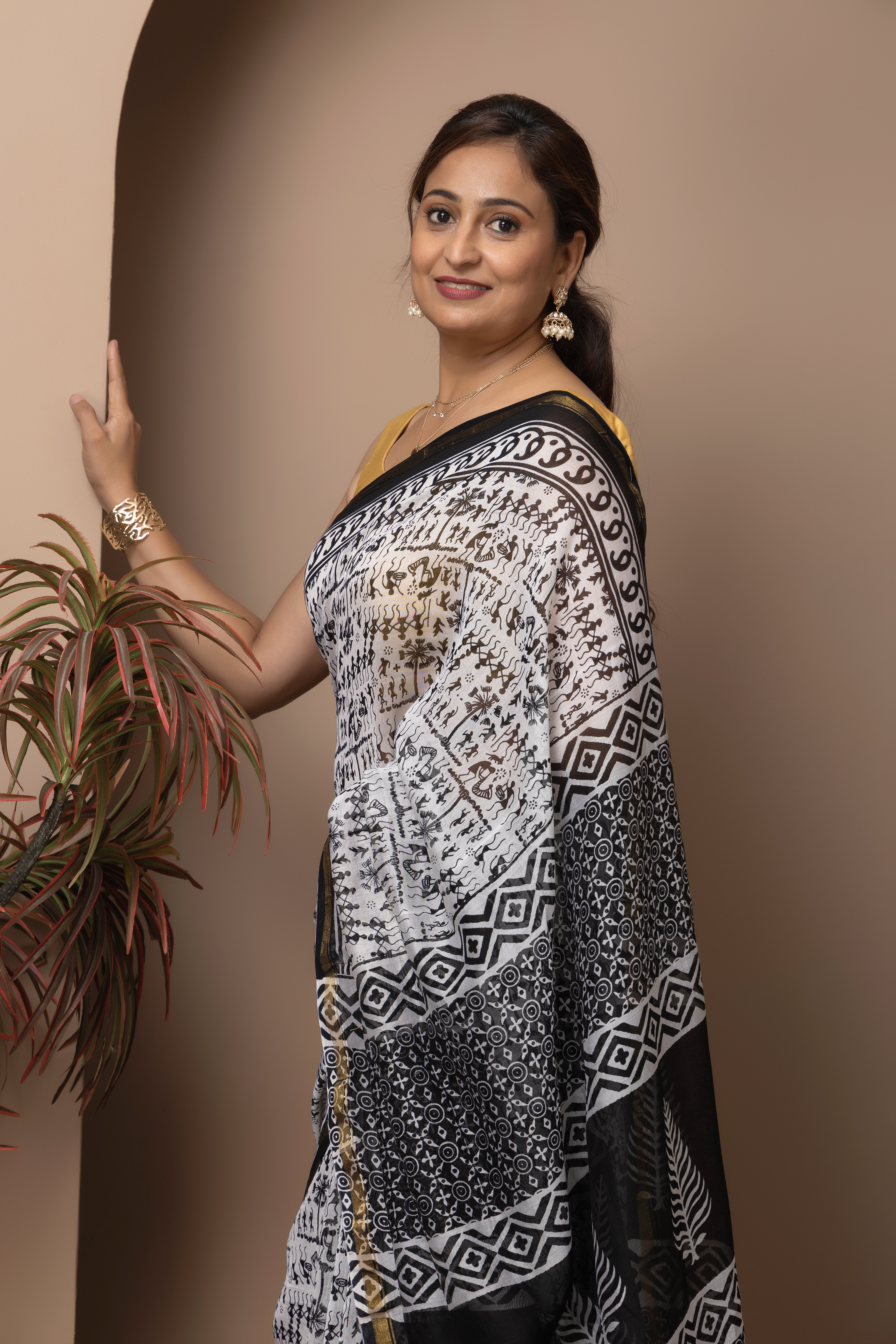 Chanderi cotton silk black-white hand block print saree