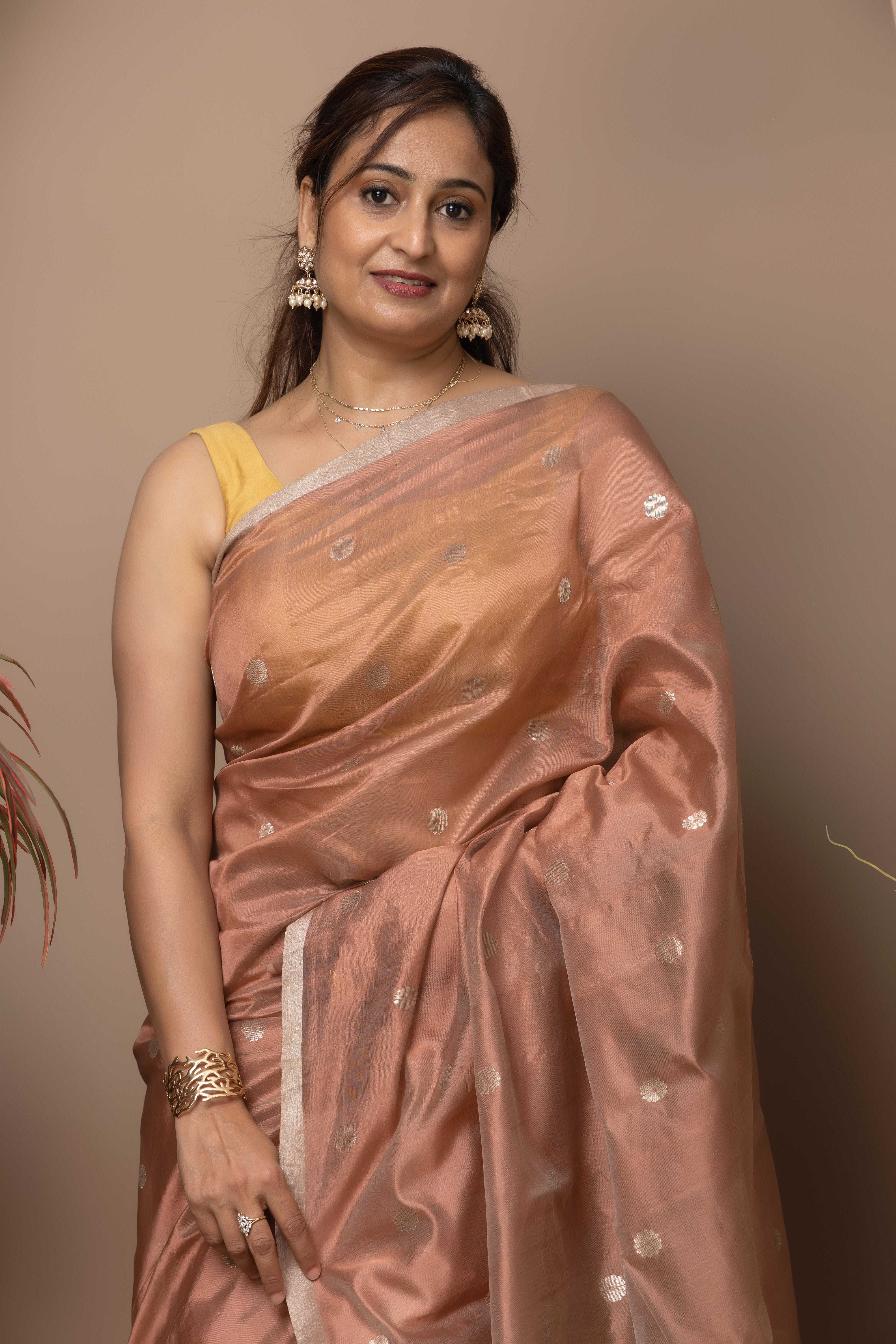 Chanderi handwoven pure pattu silk rose-copper colour saree