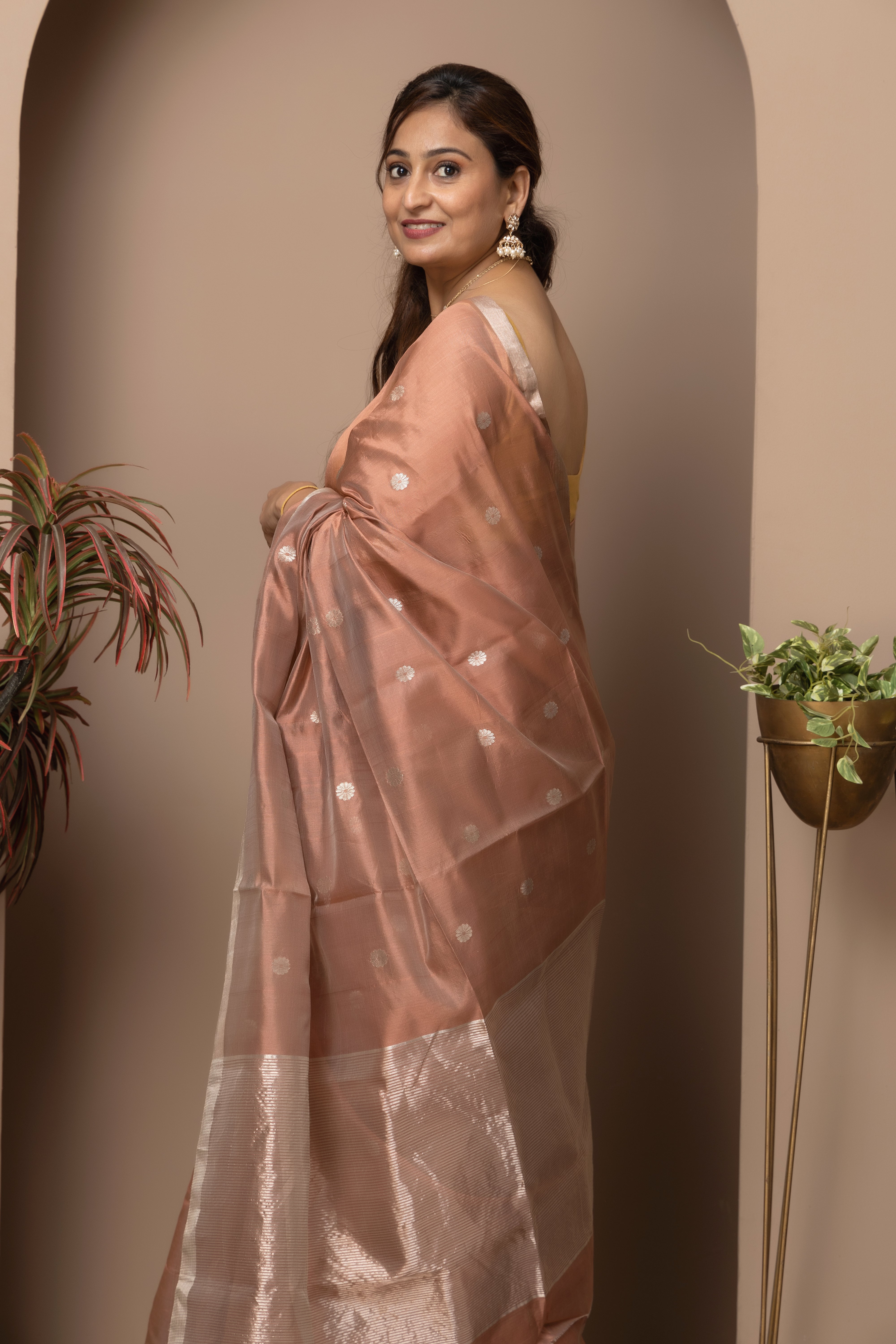 Chanderi handwoven pure pattu silk rose-copper colour saree
