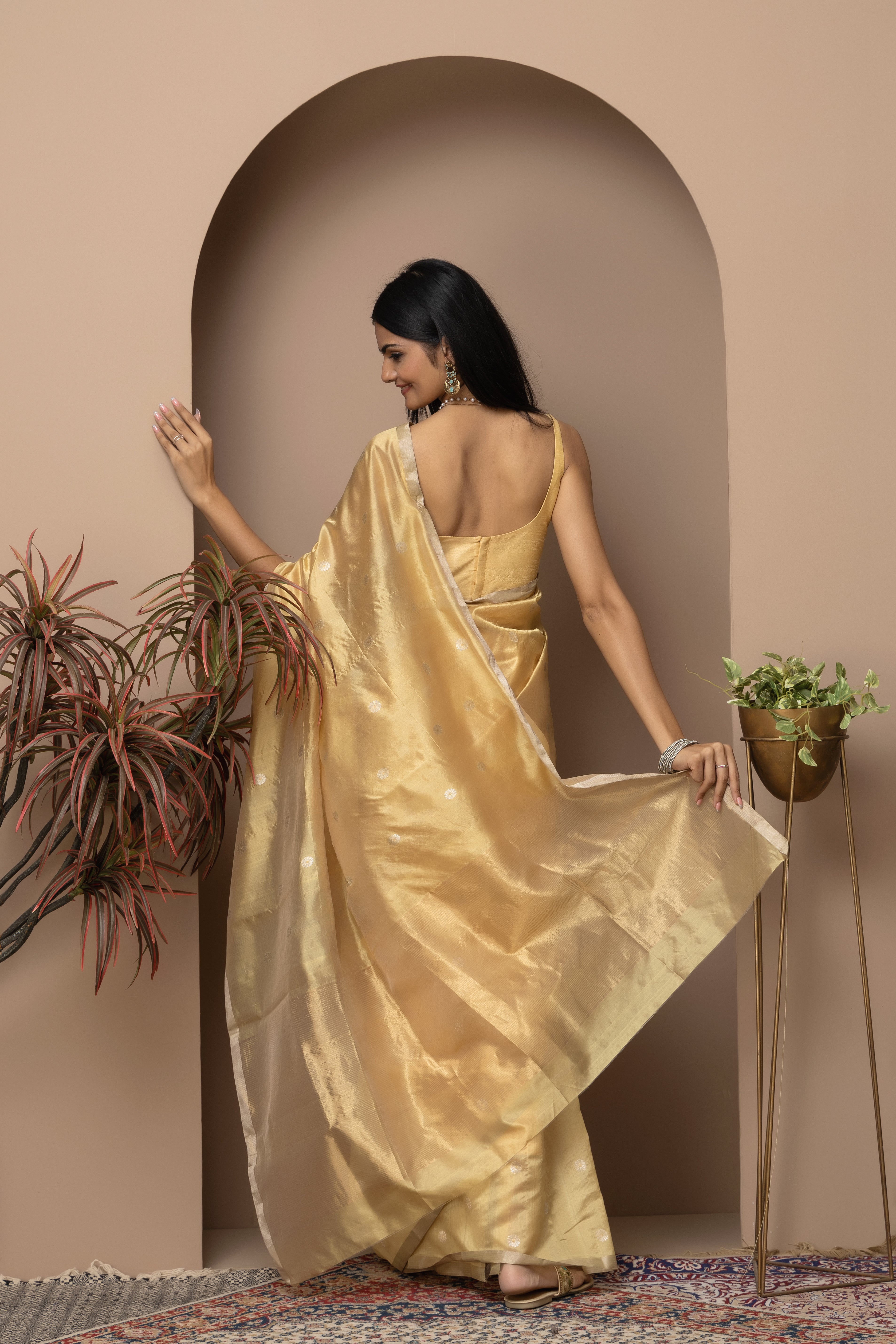 Chanderi handwoven pure pattu silk yellow-gold colour saree