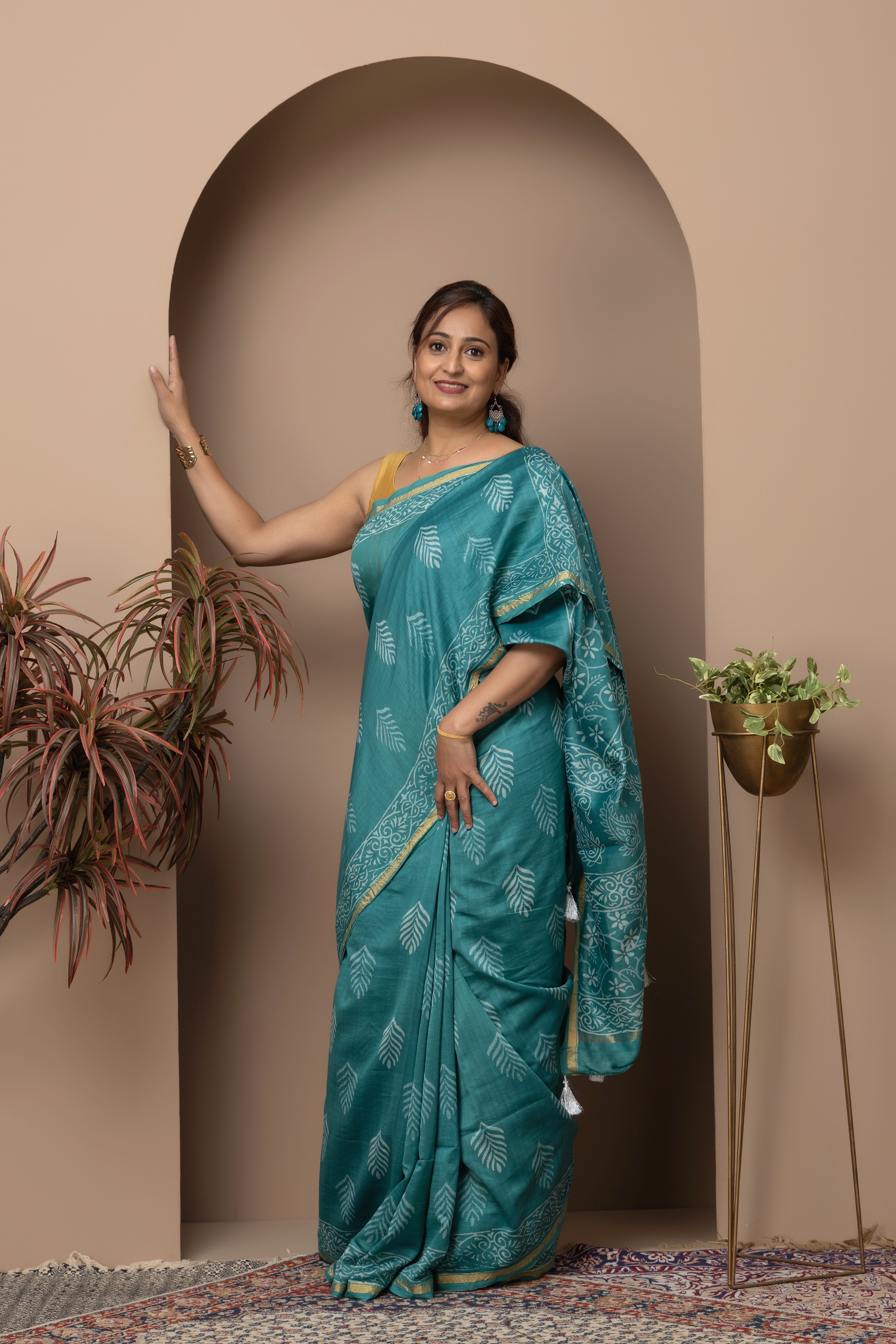 Cotton silk hand block rama-green colour saree