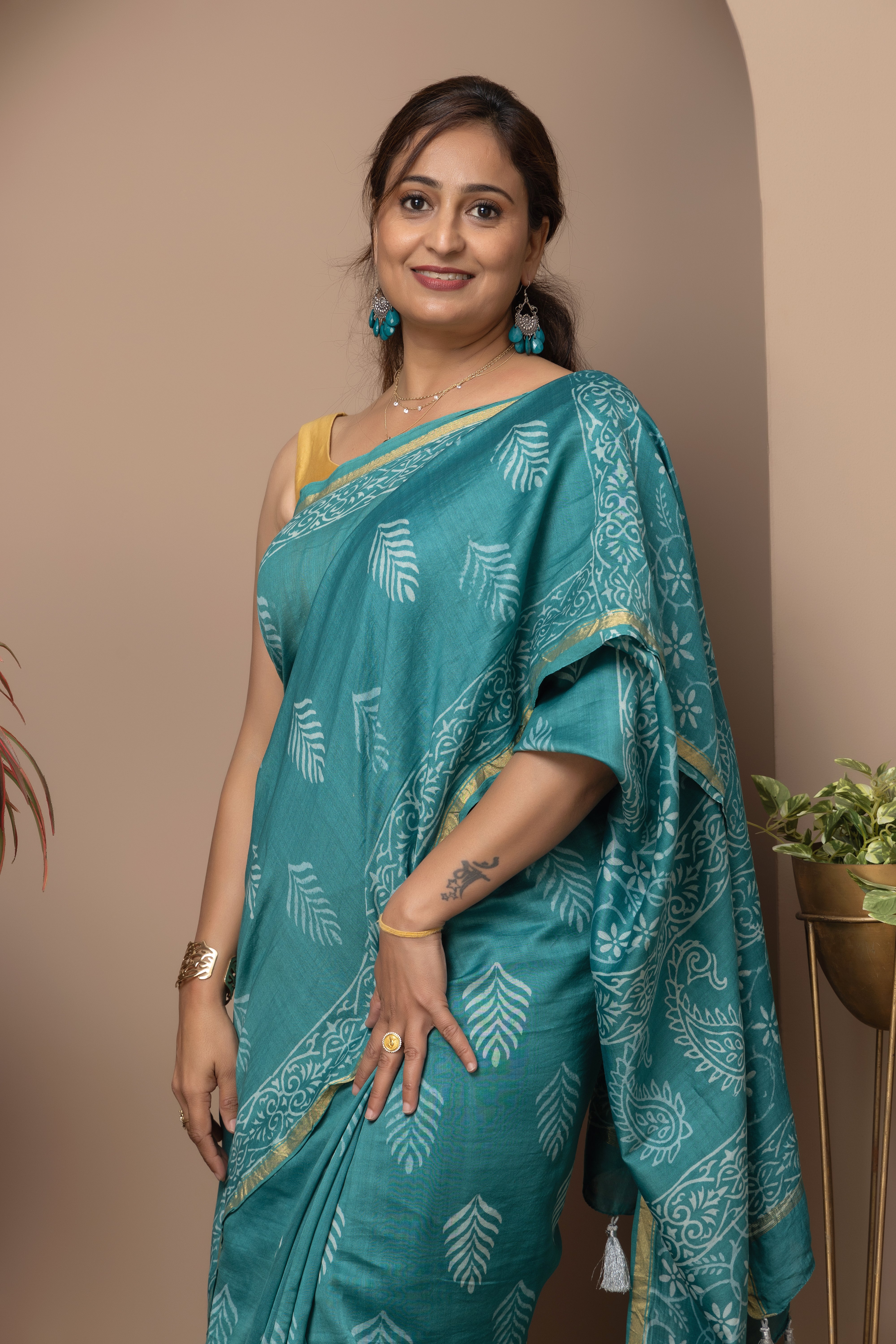 Cotton silk hand block rama-green colour saree
