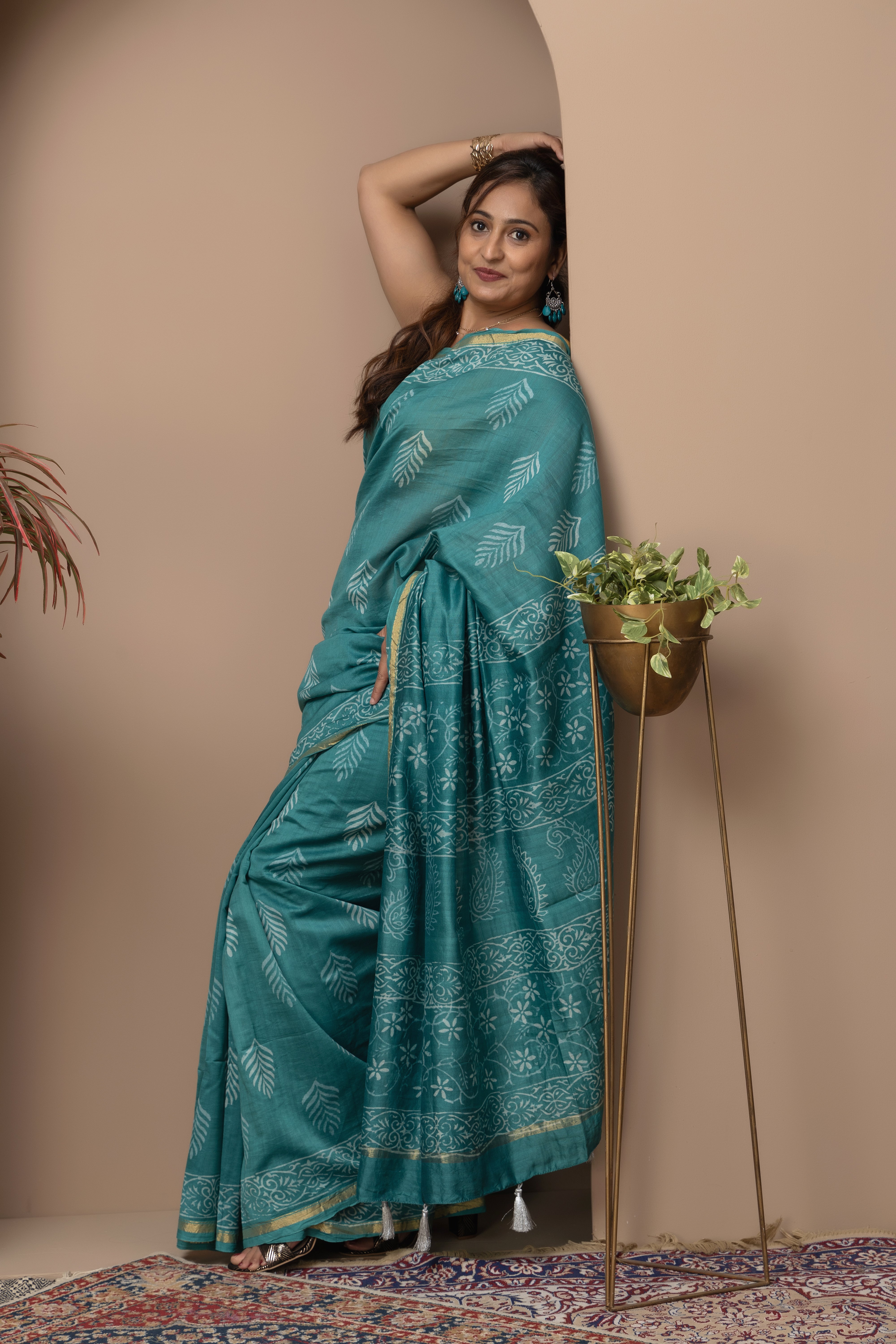 Cotton silk hand block rama-green colour saree