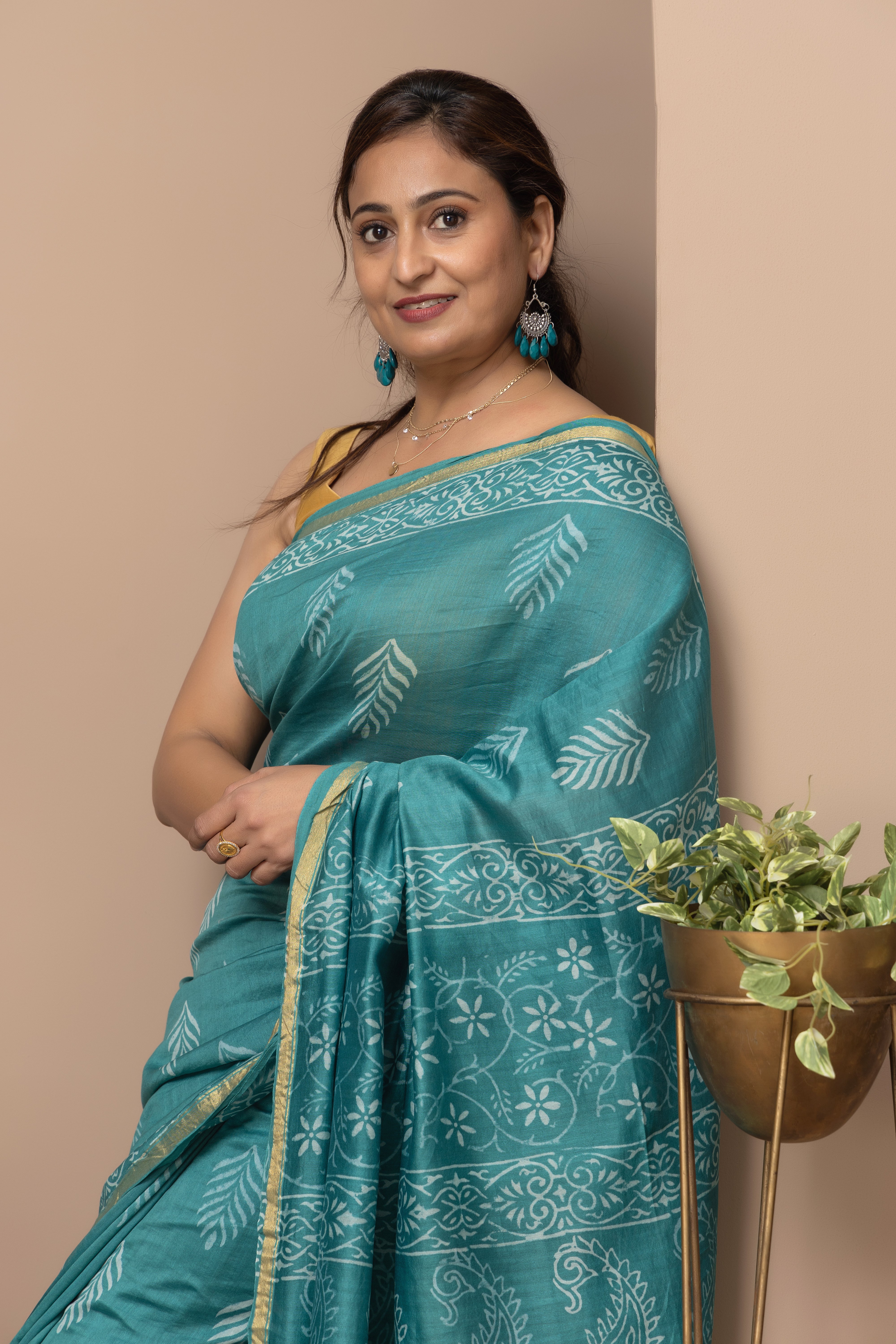 Cotton silk hand block rama-green colour saree
