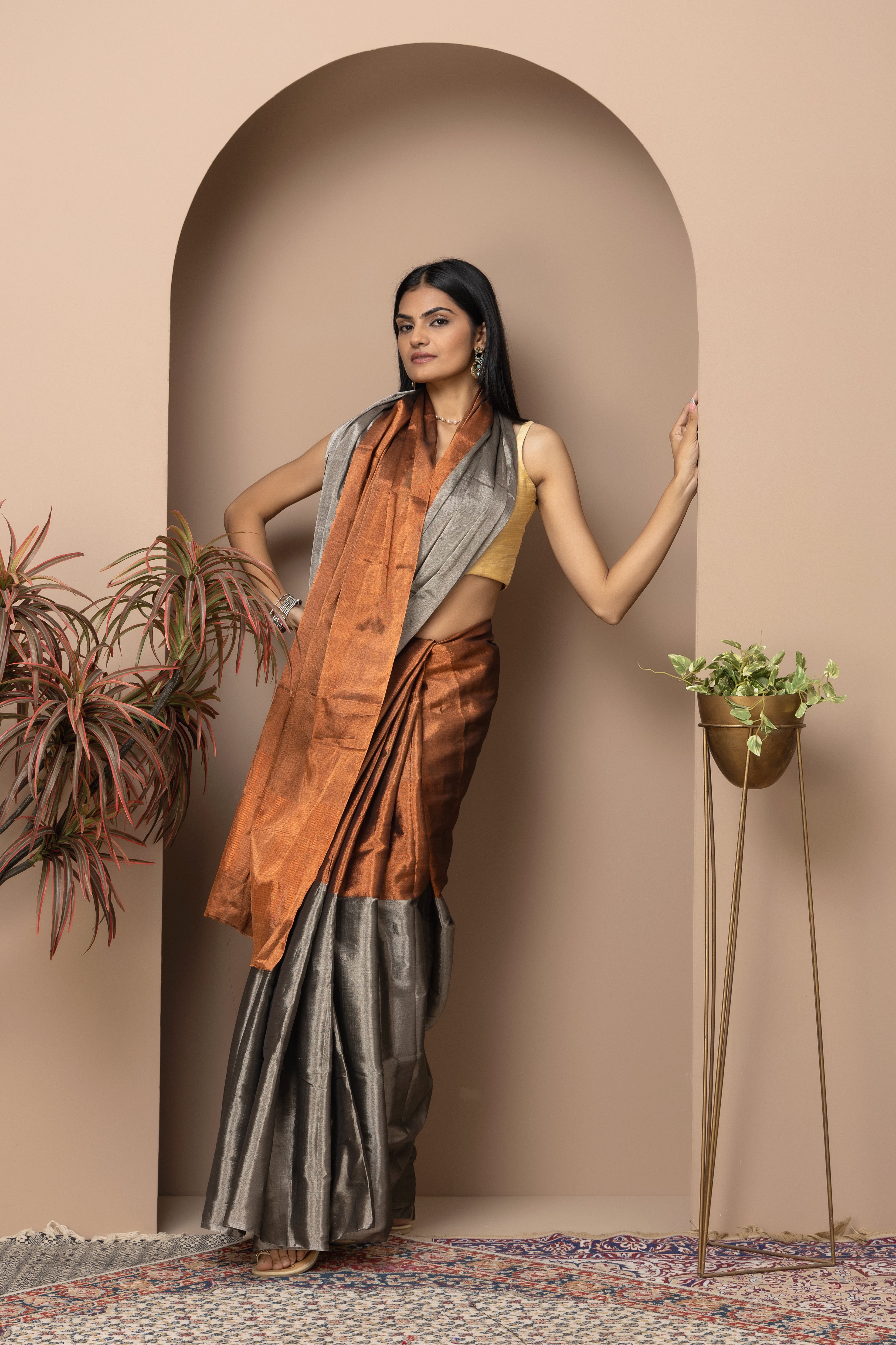 Chanderi handwoven  Tissue half and half copper and silver-grey colour saree