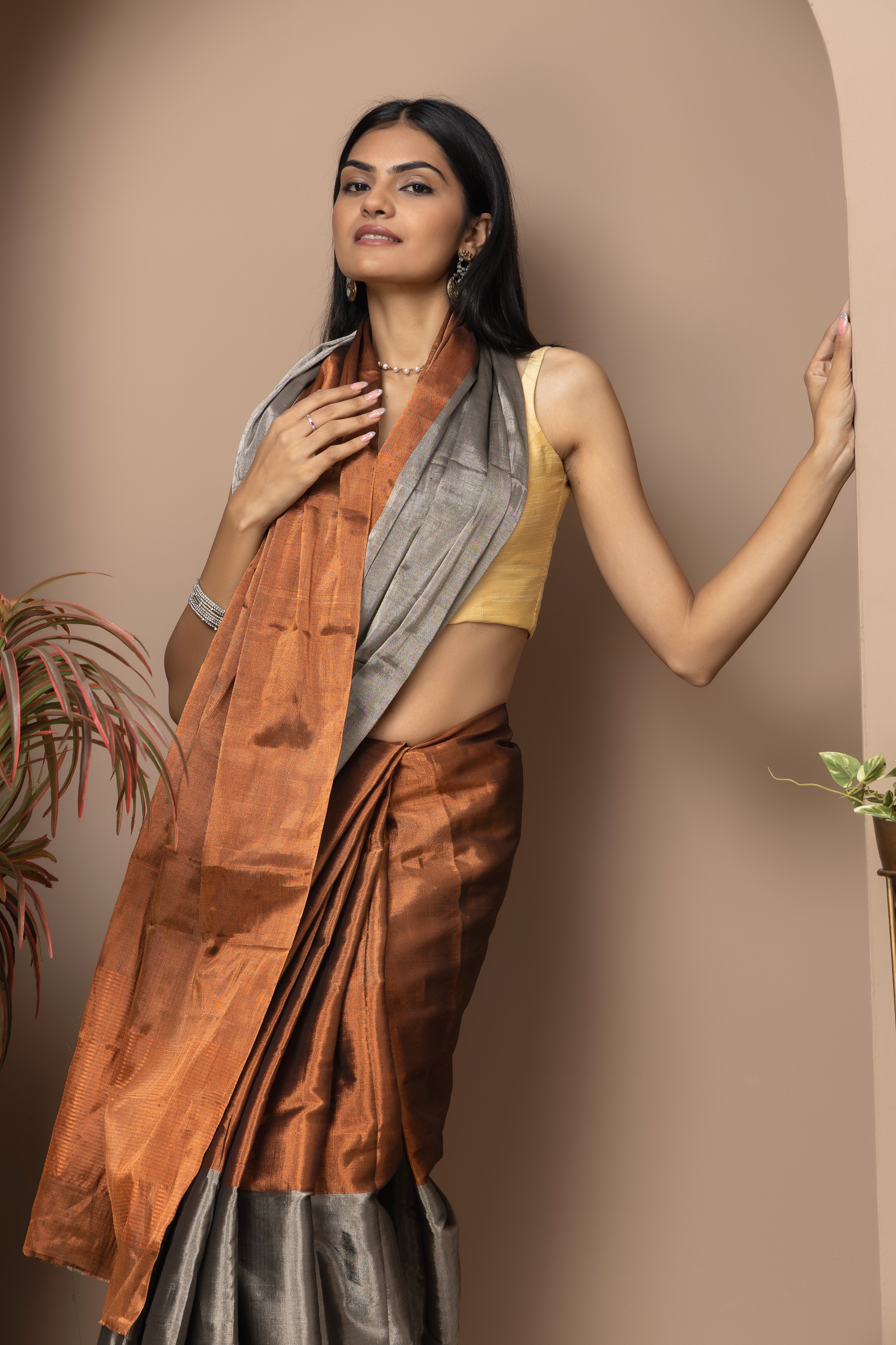 Chanderi handwoven  Tissue half and half copper and silver-grey colour saree