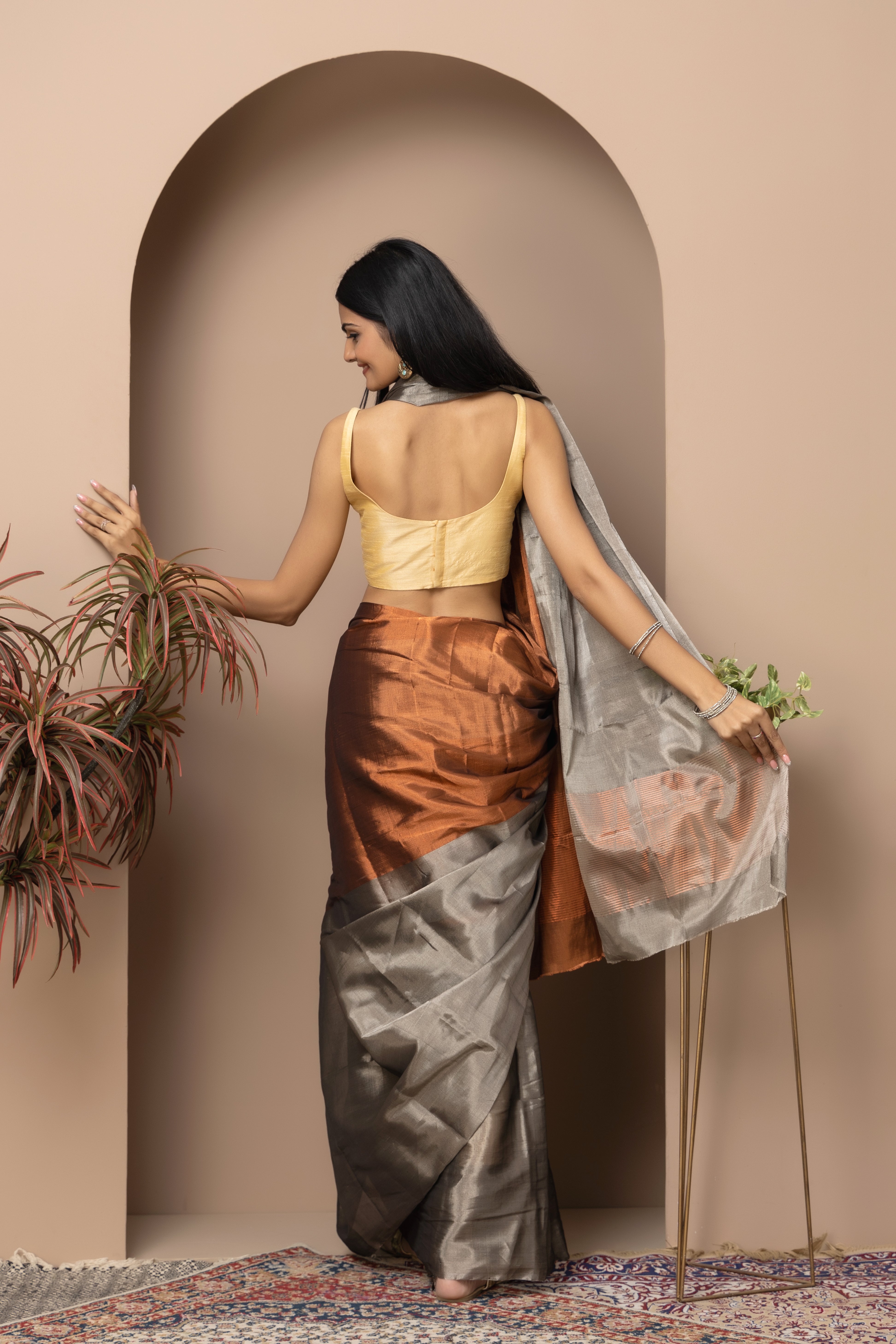 Chanderi handwoven  Tissue half and half copper and silver-grey colour saree
