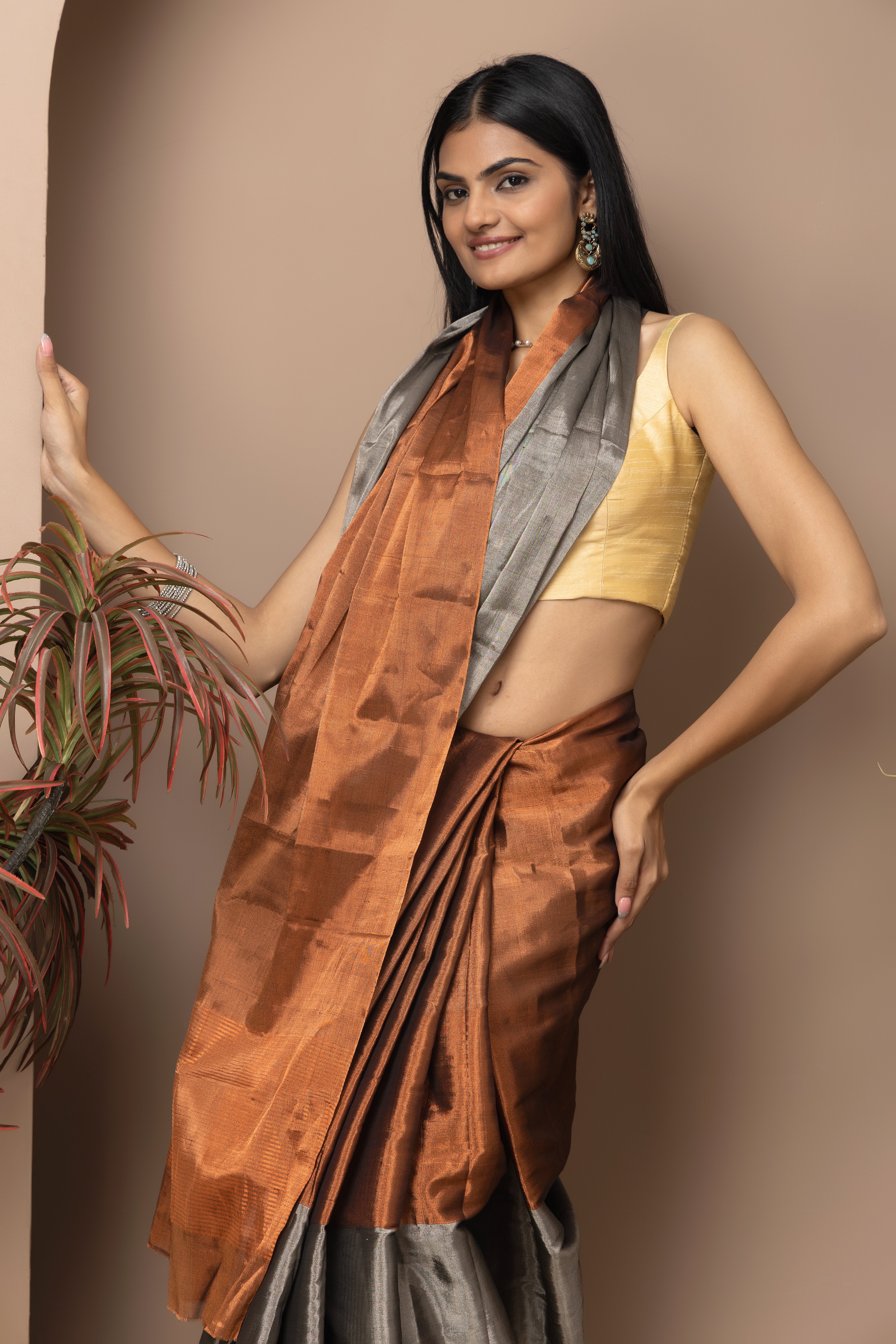 Chanderi handwoven  Tissue half and half copper and silver-grey colour saree
