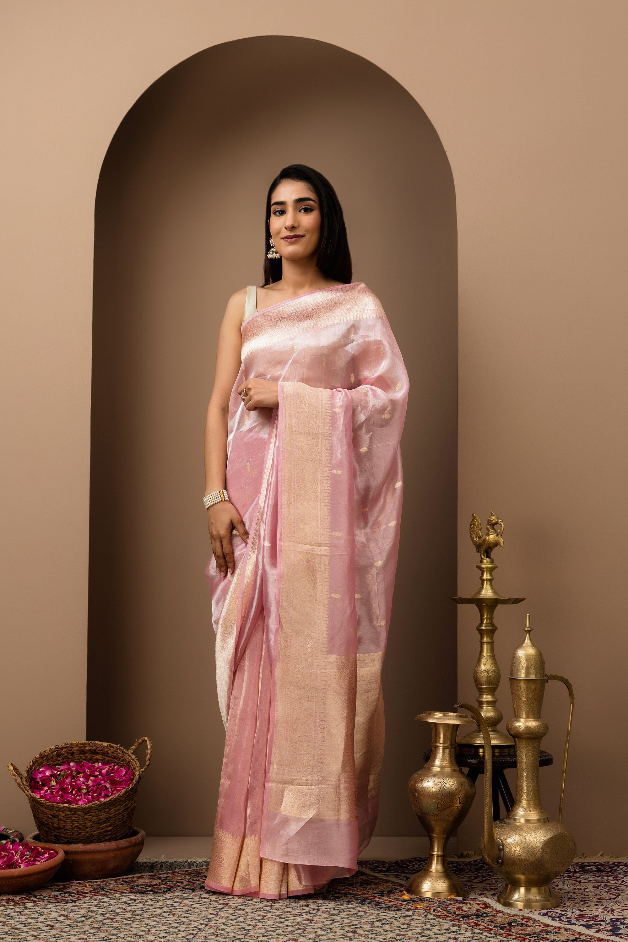 Blush pink handwoven pure tissue silk saree with zari border