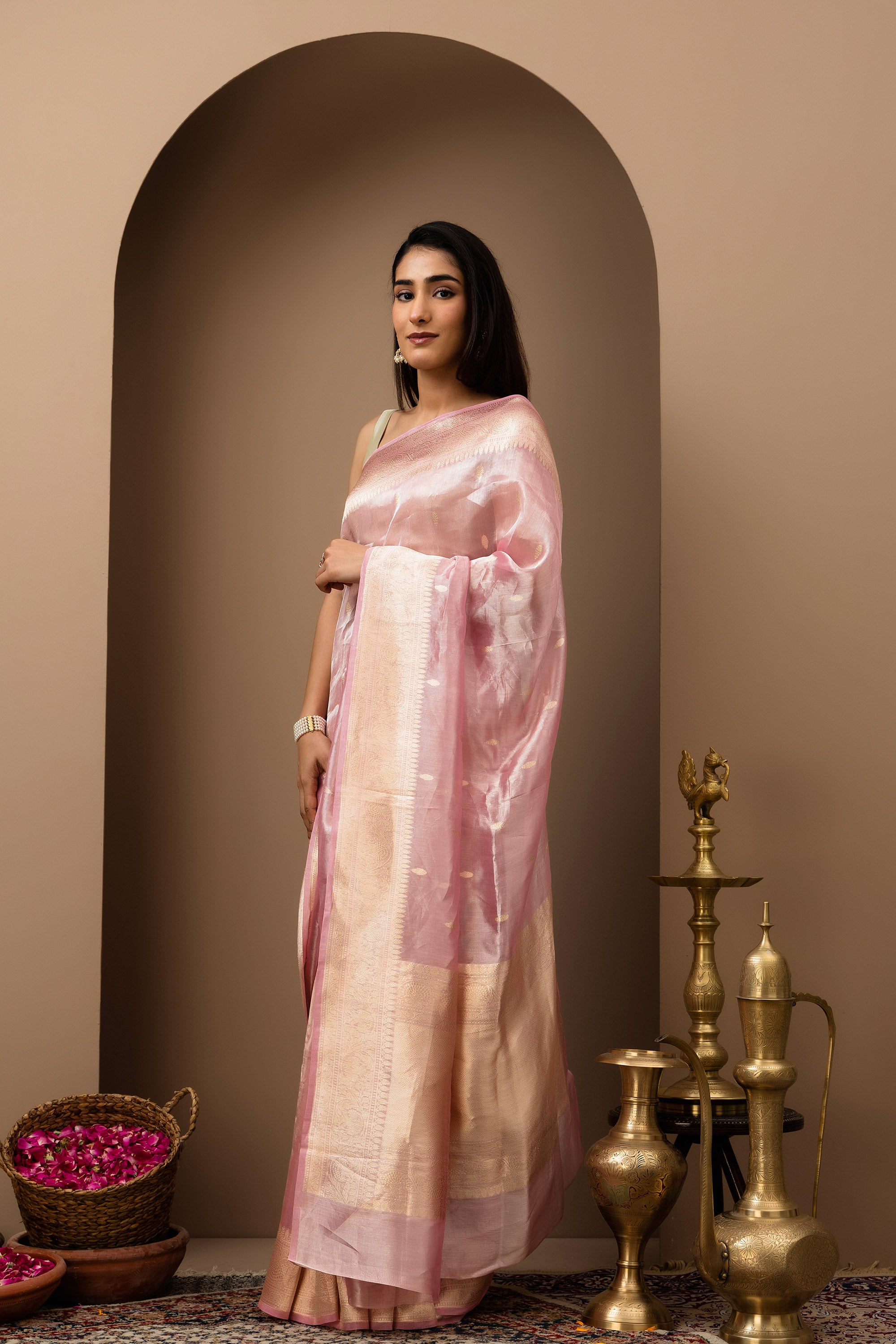 Blush pink handwoven pure tissue silk saree with zari border