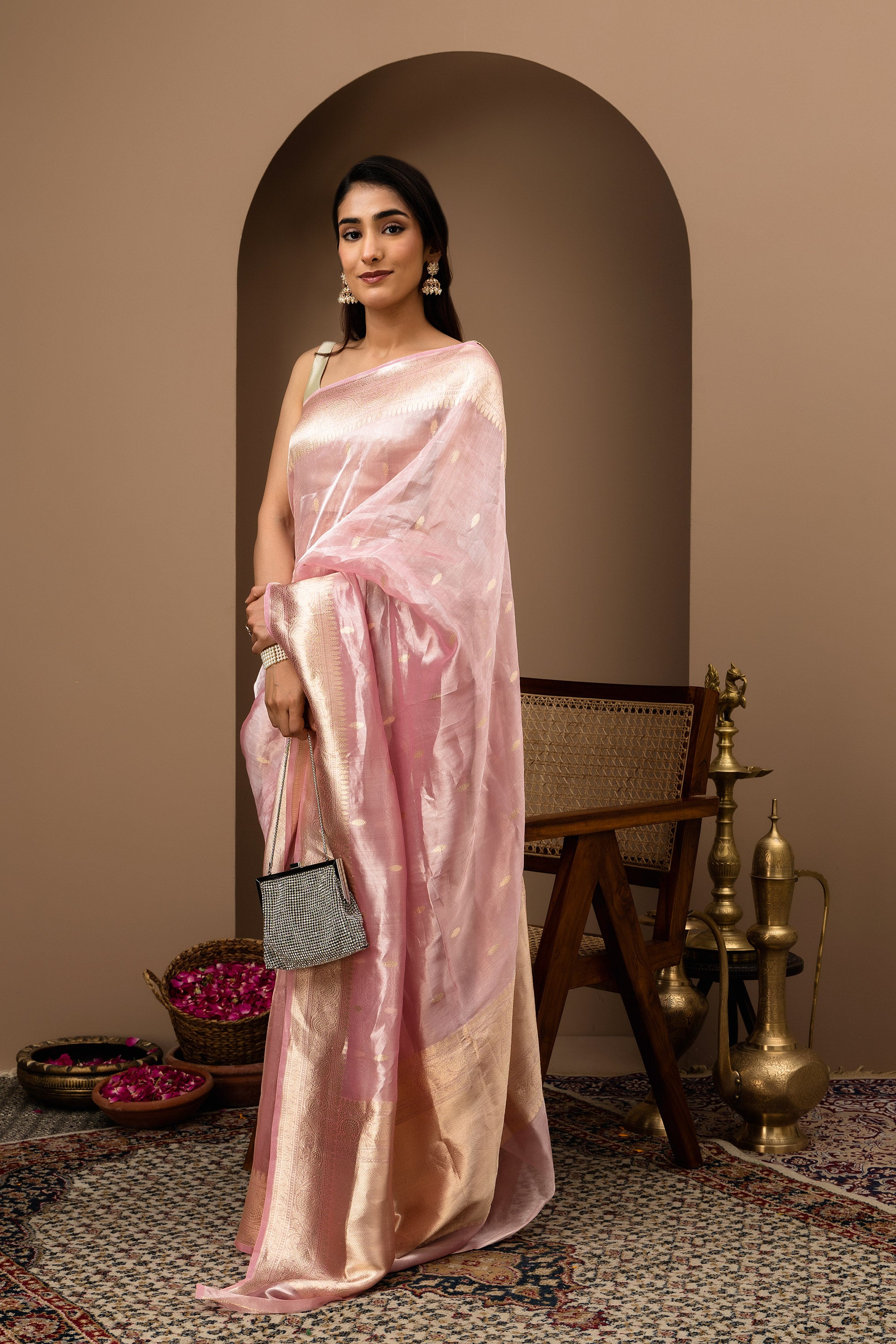 Blush pink handwoven pure tissue silk saree with zari border