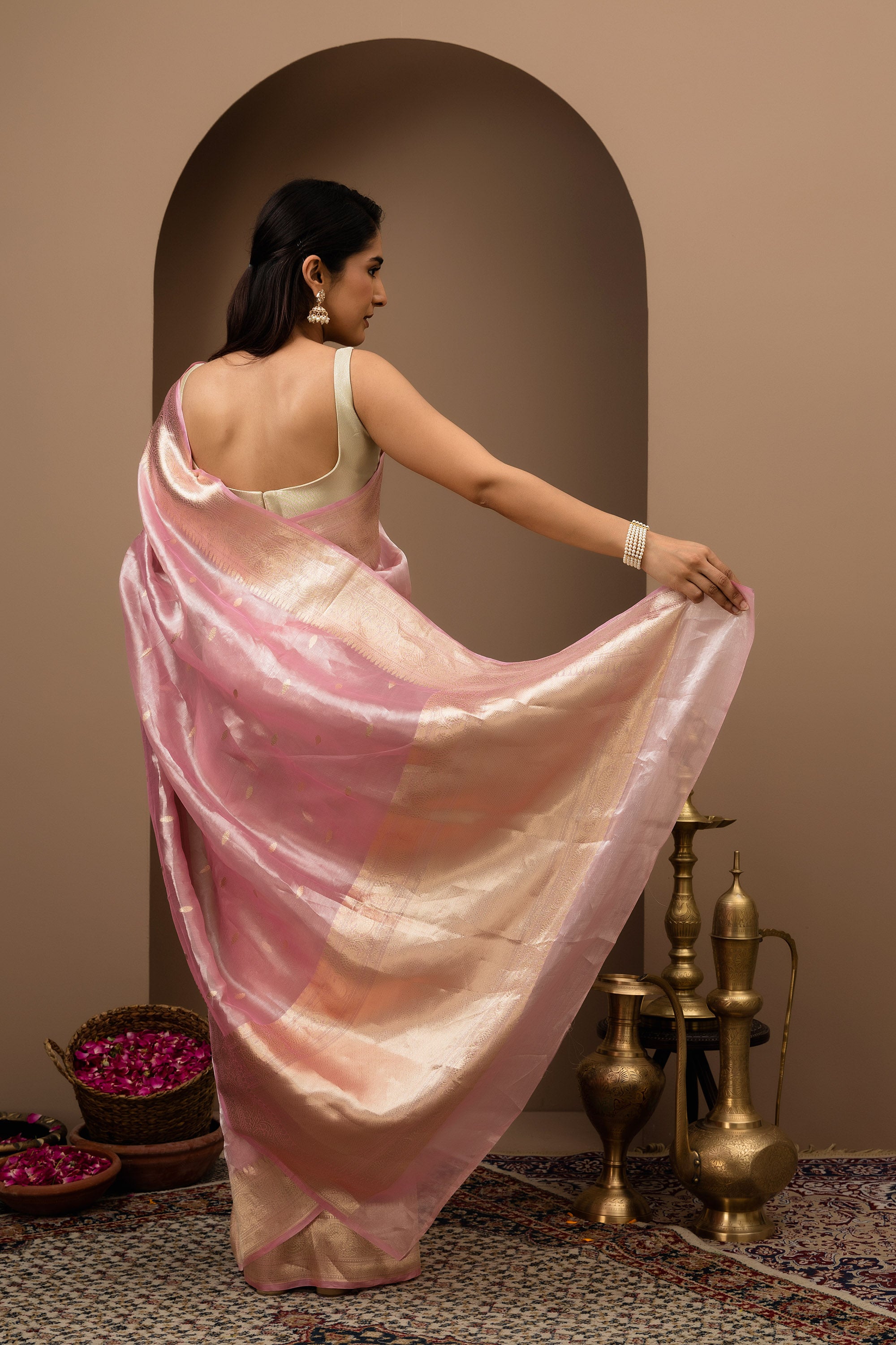 Blush pink handwoven pure tissue silk saree with zari border